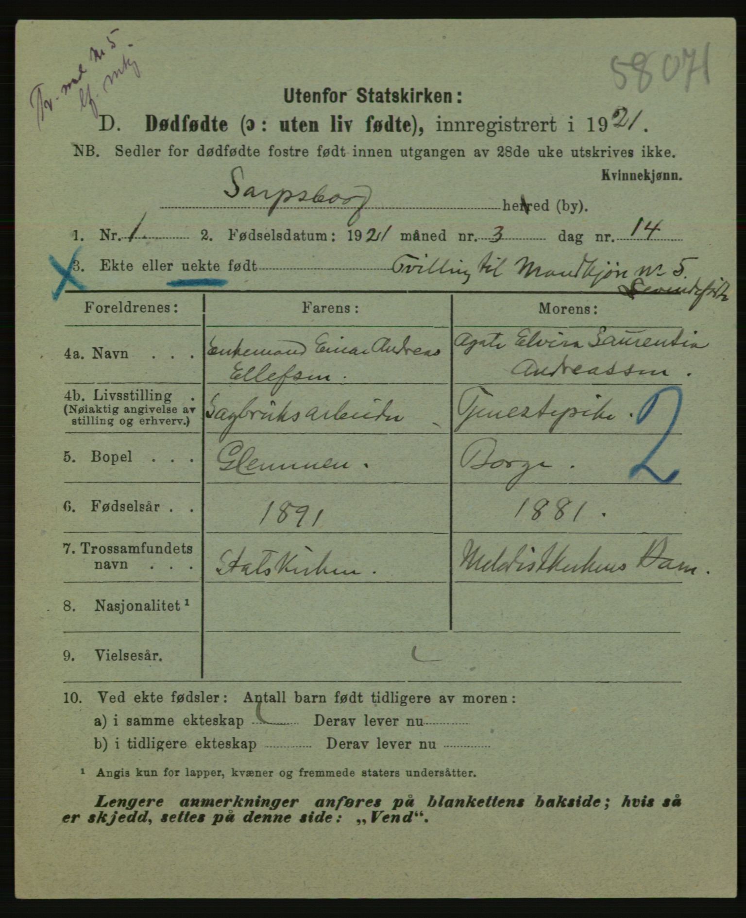 Statistisk sentralbyrå, Sosiodemografiske emner, Befolkning, AV/RA-S-2228/E/L0019: Fødte, gifte, døde dissentere., 1921, p. 3973