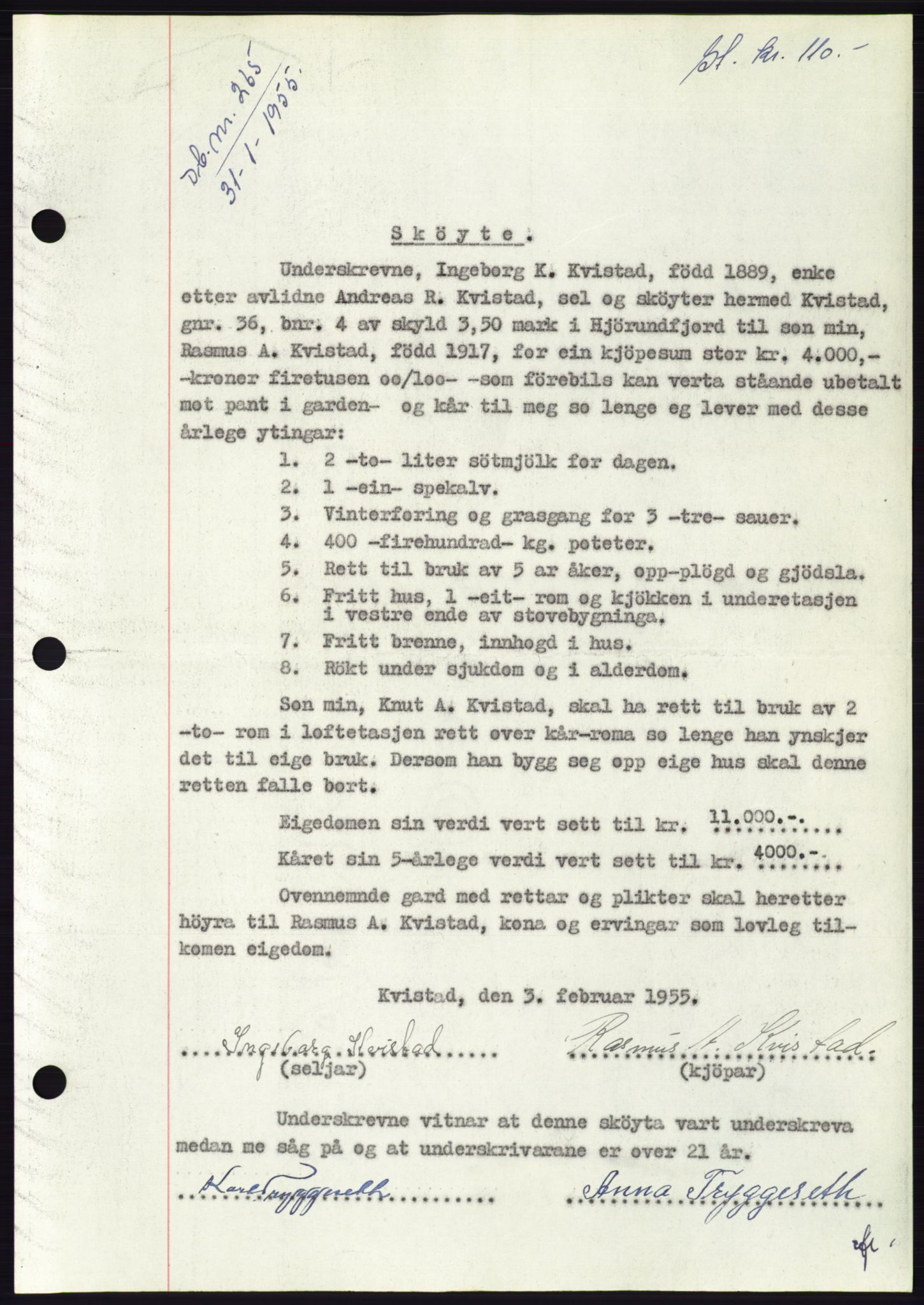 Søre Sunnmøre sorenskriveri, AV/SAT-A-4122/1/2/2C/L0100: Mortgage book no. 26A, 1954-1955, Diary no: : 265/1955