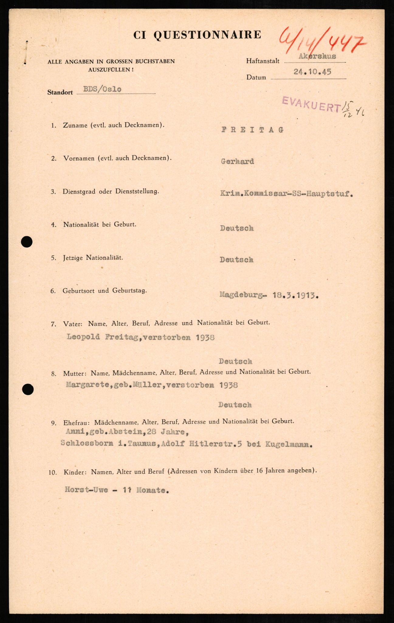 Forsvaret, Forsvarets overkommando II, AV/RA-RAFA-3915/D/Db/L0008: CI Questionaires. Tyske okkupasjonsstyrker i Norge. Tyskere., 1945-1946, p. 300