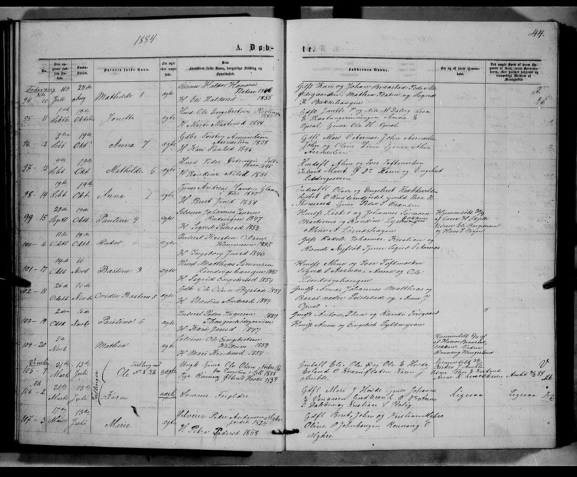 Ringebu prestekontor, SAH/PREST-082/H/Ha/Hab/L0006: Parish register (copy) no. 6, 1880-1898, p. 44