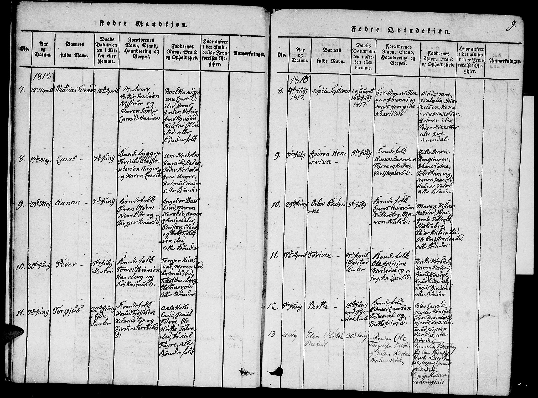 Hommedal sokneprestkontor, AV/SAK-1111-0023/F/Fa/Fab/L0003: Parish register (official) no. A 3, 1815-1848, p. 9