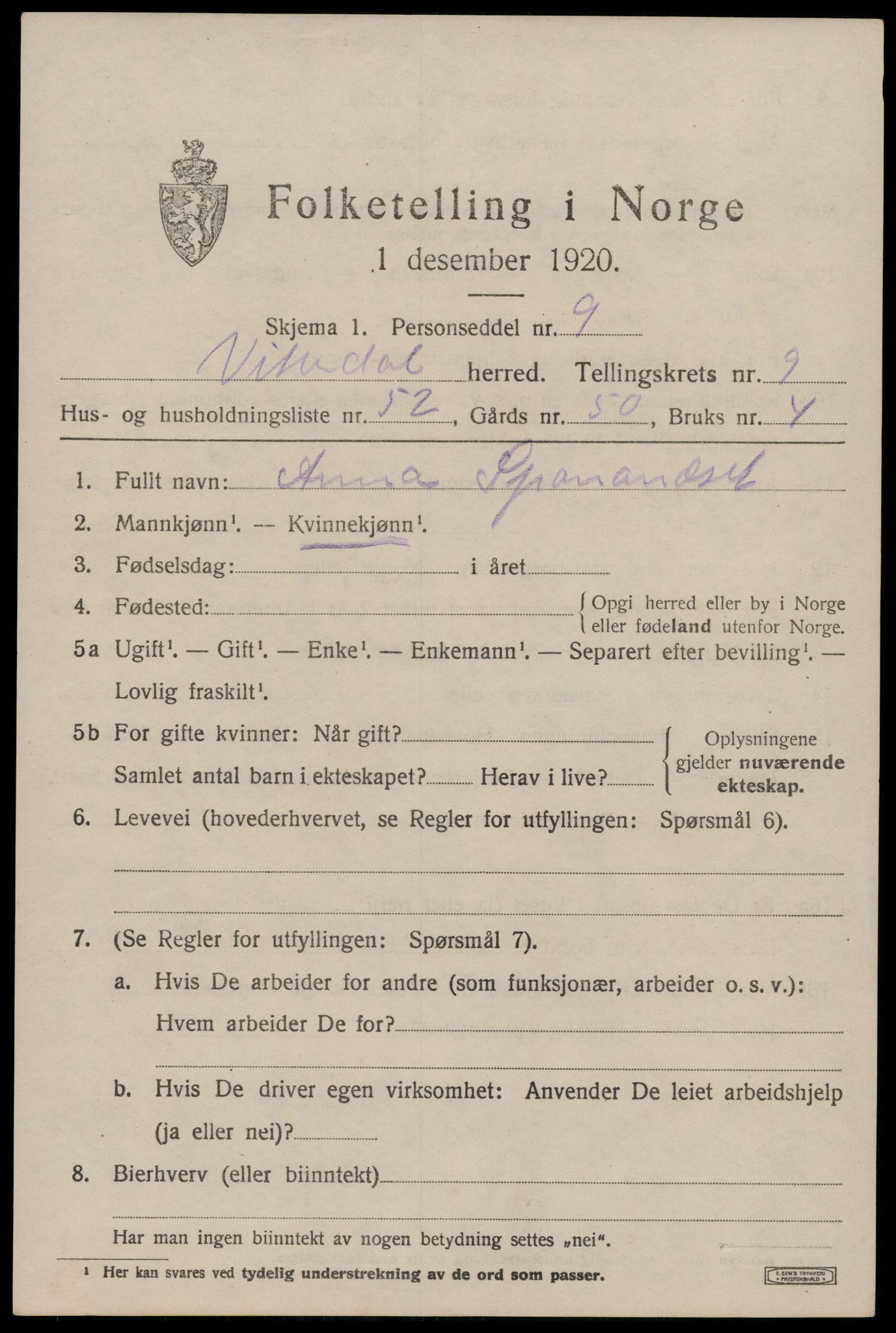 SAST, 1920 census for Vikedal, 1920, p. 3377