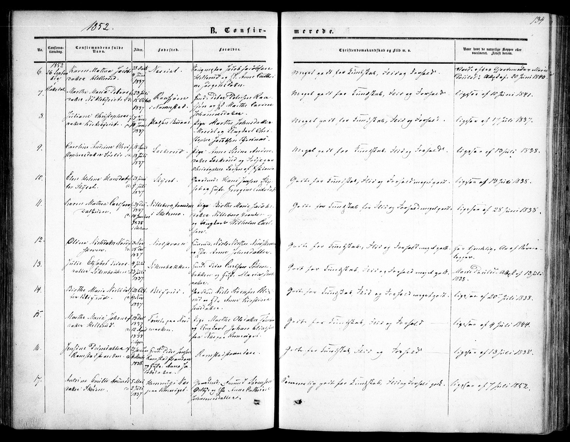 Nittedal prestekontor Kirkebøker, SAO/A-10365a/F/Fa/L0005: Parish register (official) no. I 5, 1850-1862, p. 134