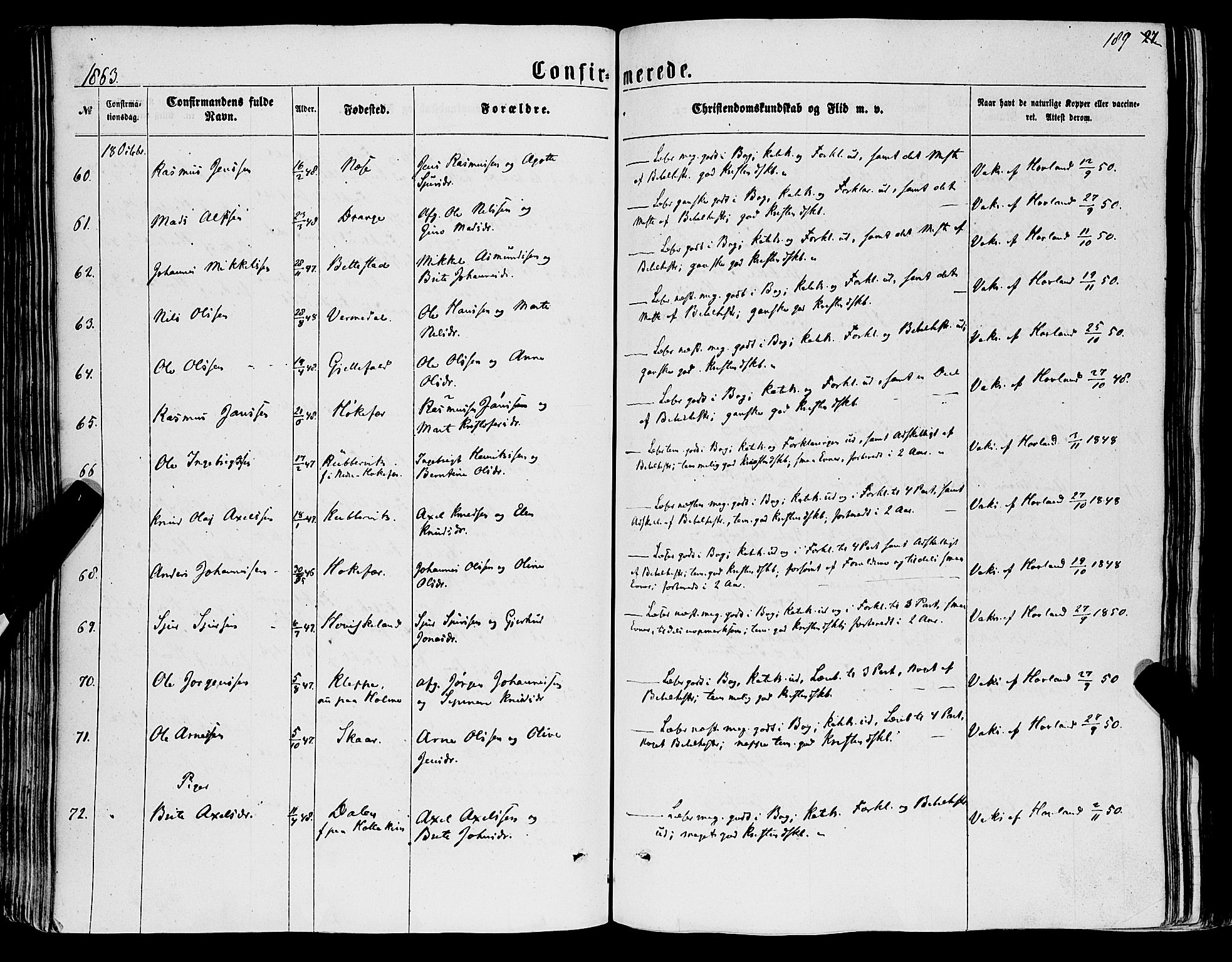 Tysnes sokneprestembete, SAB/A-78601/H/Haa: Parish register (official) no. A 11, 1860-1871, p. 189