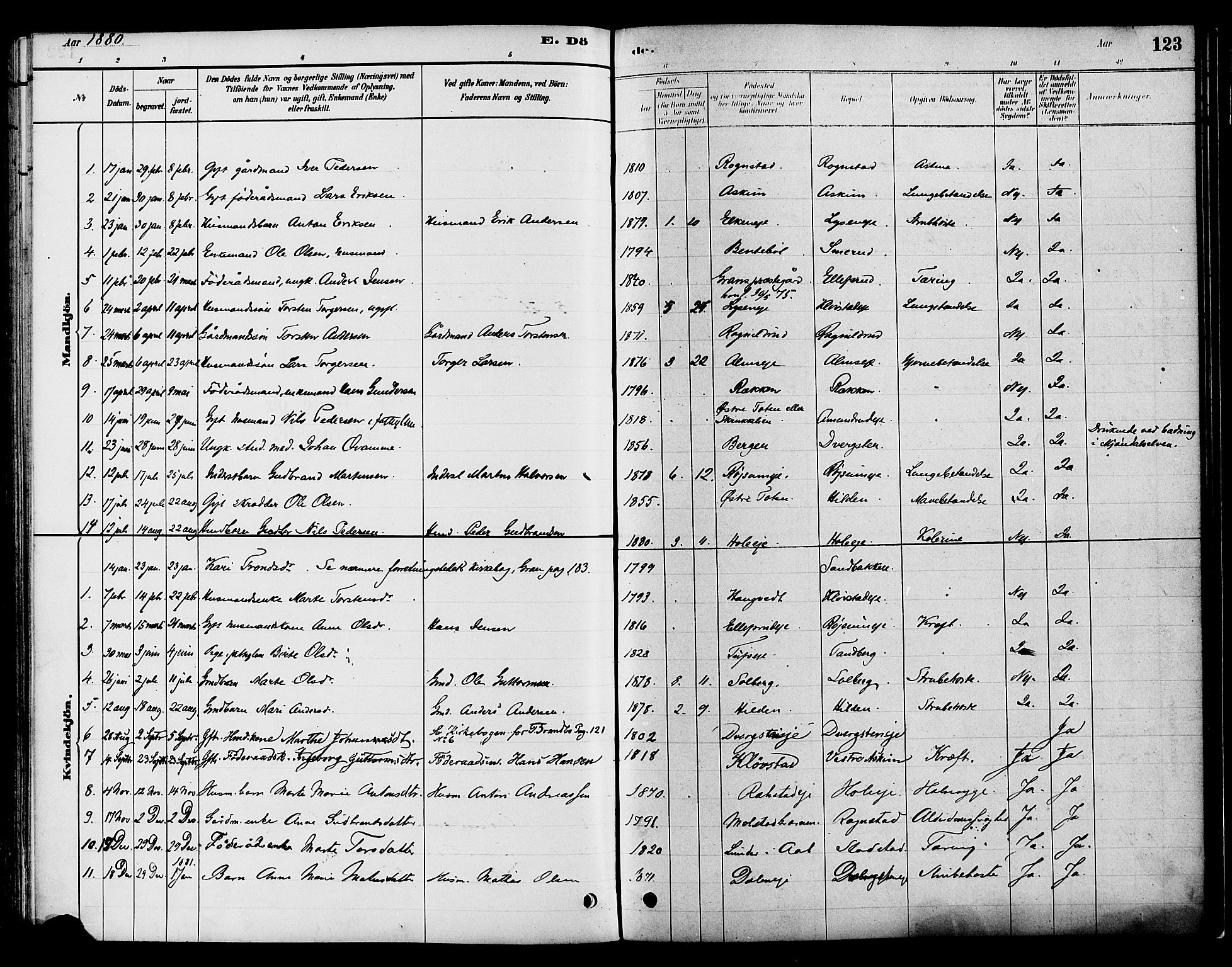 Gran prestekontor, SAH/PREST-112/H/Ha/Haa/L0016: Parish register (official) no. 16, 1880-1888, p. 123