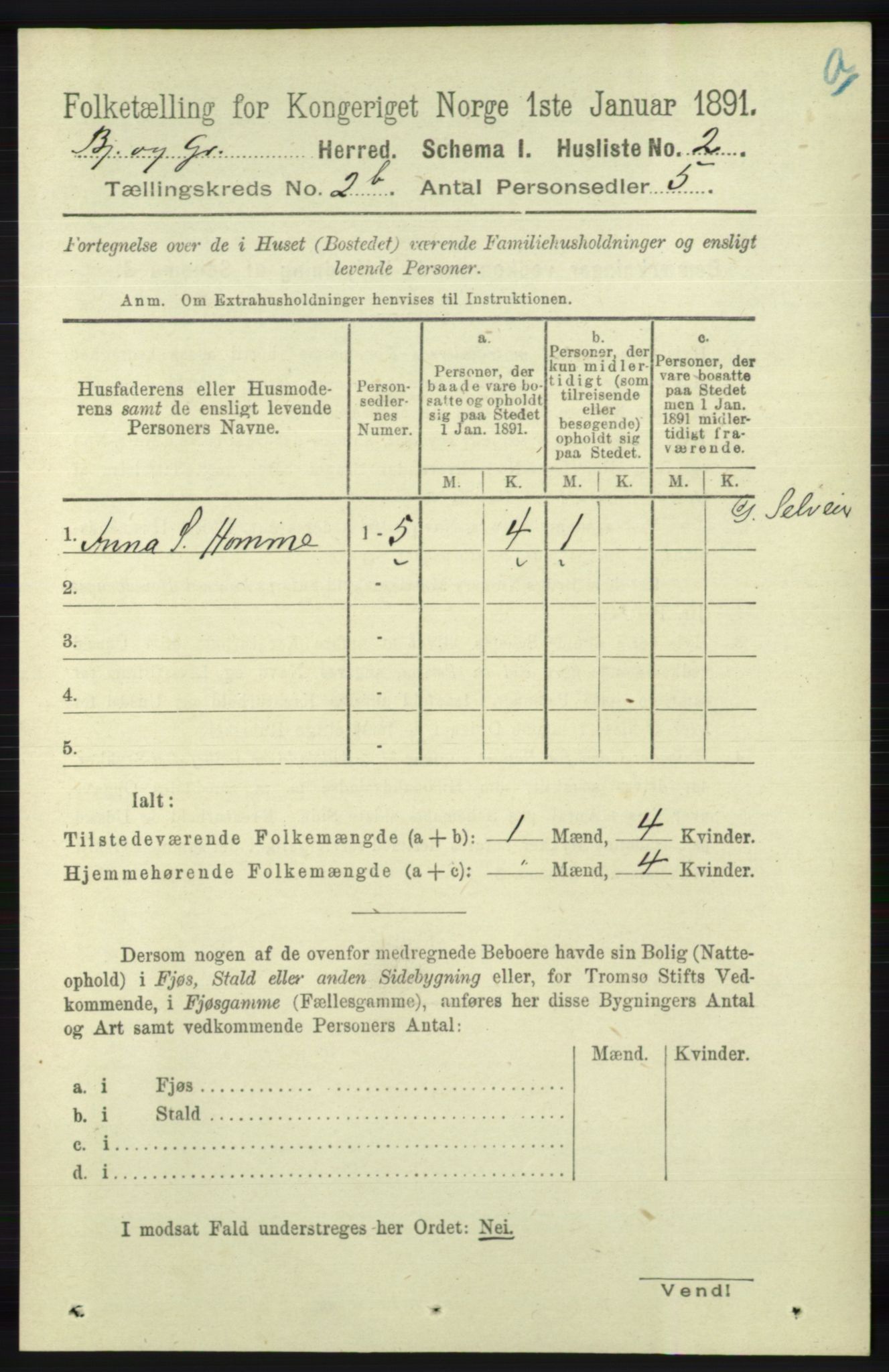 RA, 1891 census for 1024 Bjelland og Grindheim, 1891, p. 1078