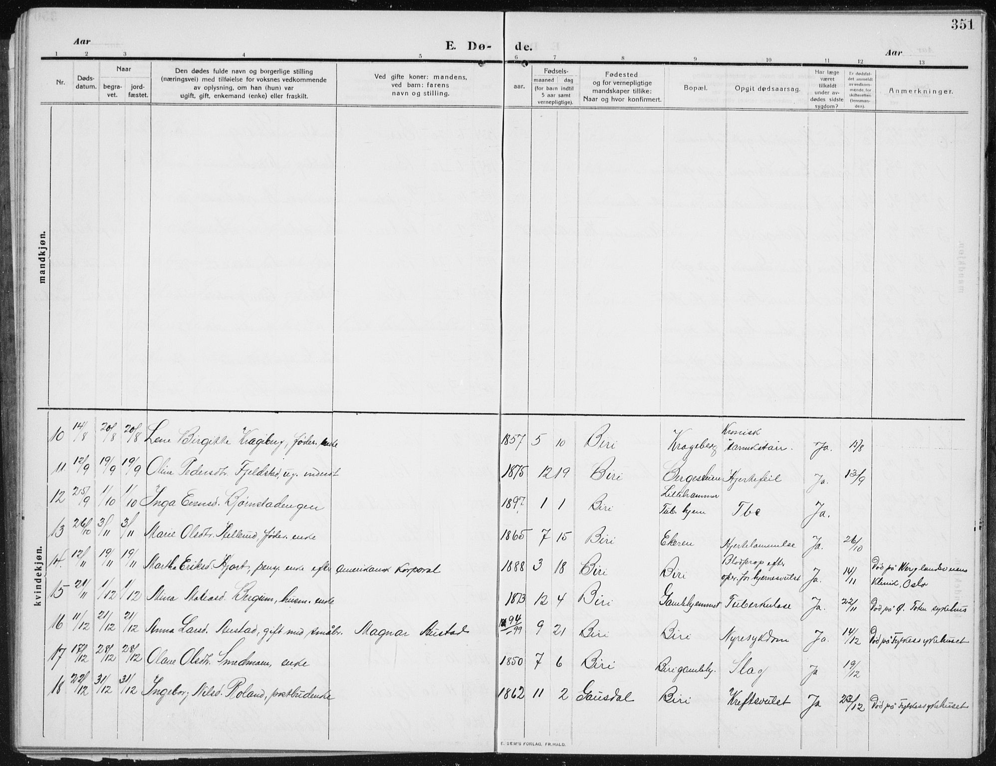 Biri prestekontor, SAH/PREST-096/H/Ha/Hab/L0006: Parish register (copy) no. 6, 1909-1938, p. 351