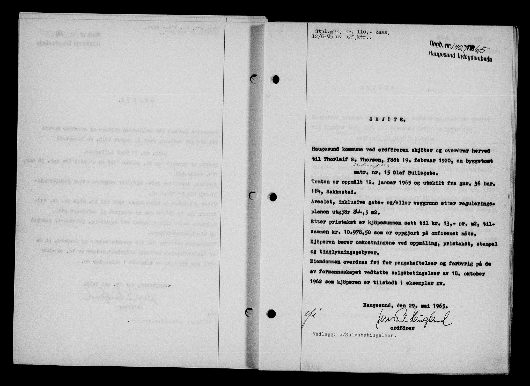 Haugesund tingrett, AV/SAST-A-101415/01/II/IIC/L0076: Mortgage book no. A 17, 1965-1966, Diary no: : 1427/1965