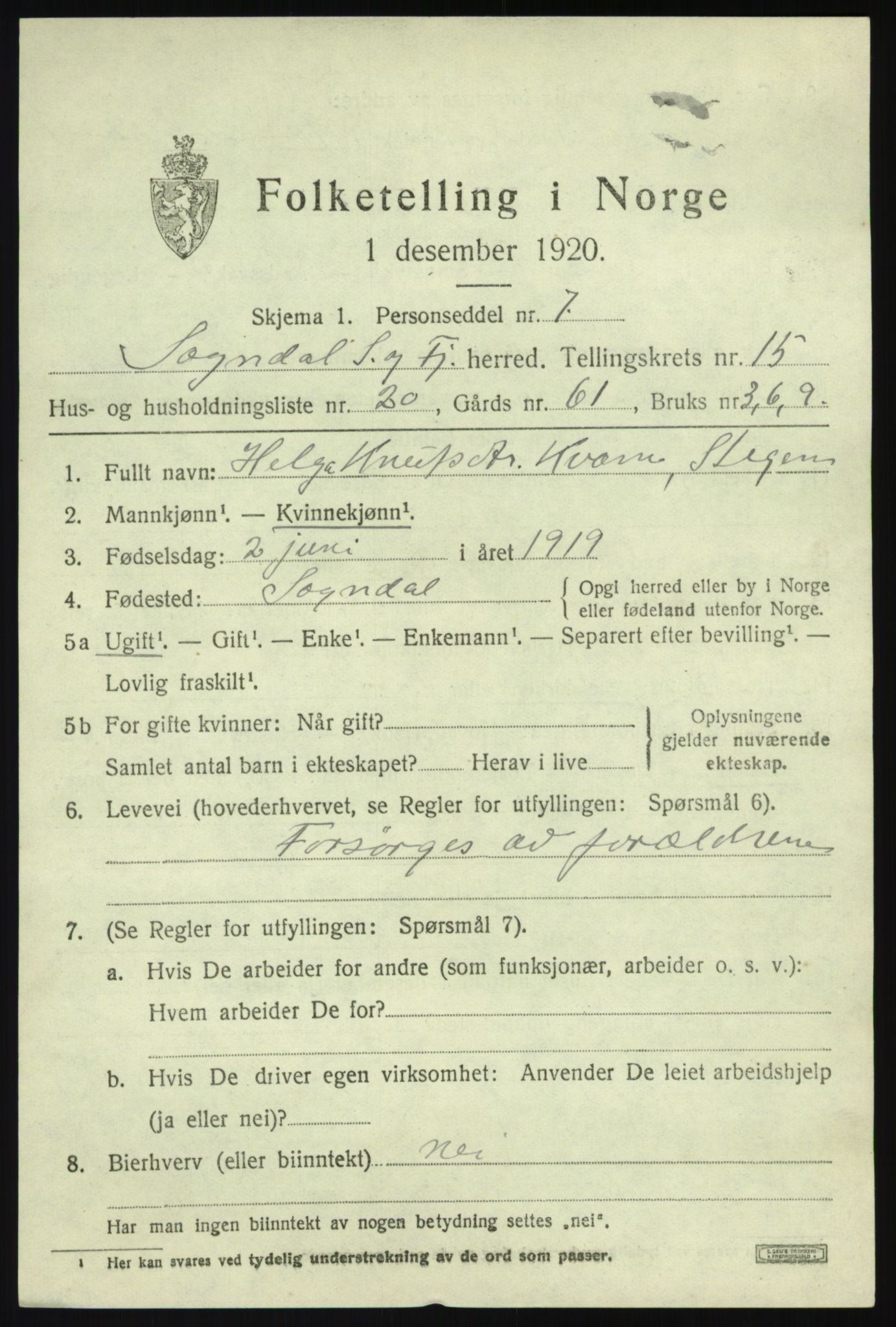 SAB, 1920 census for Sogndal, 1920, p. 6059