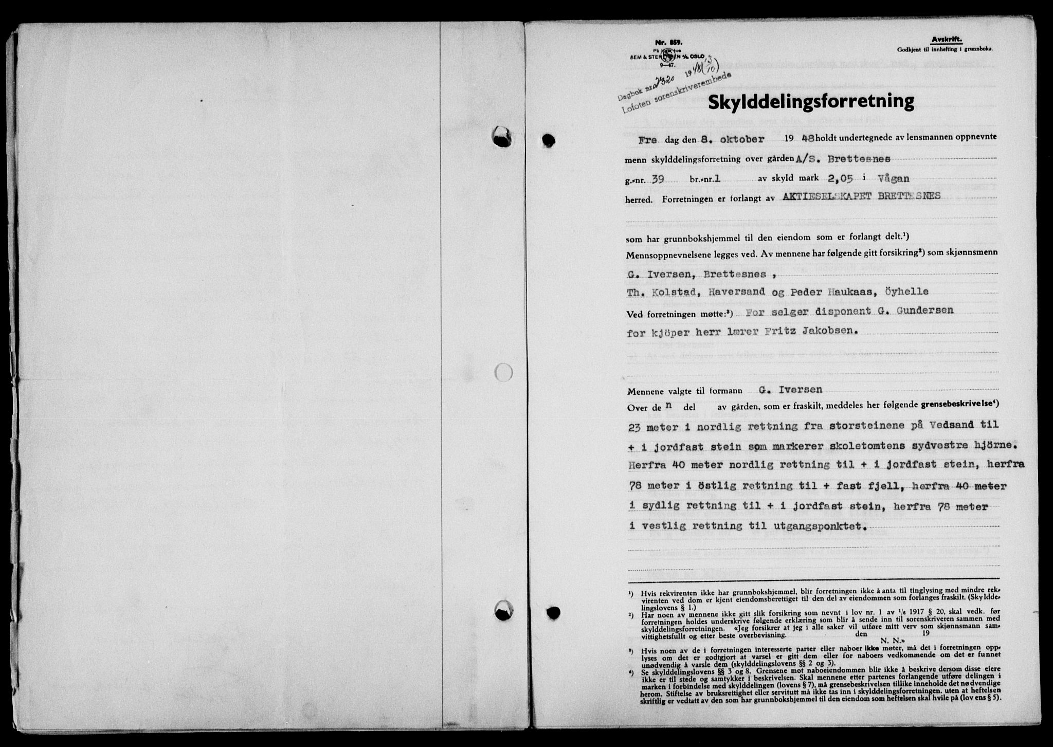 Lofoten sorenskriveri, SAT/A-0017/1/2/2C/L0019a: Mortgage book no. 19a, 1948-1948, Diary no: : 2320/1948