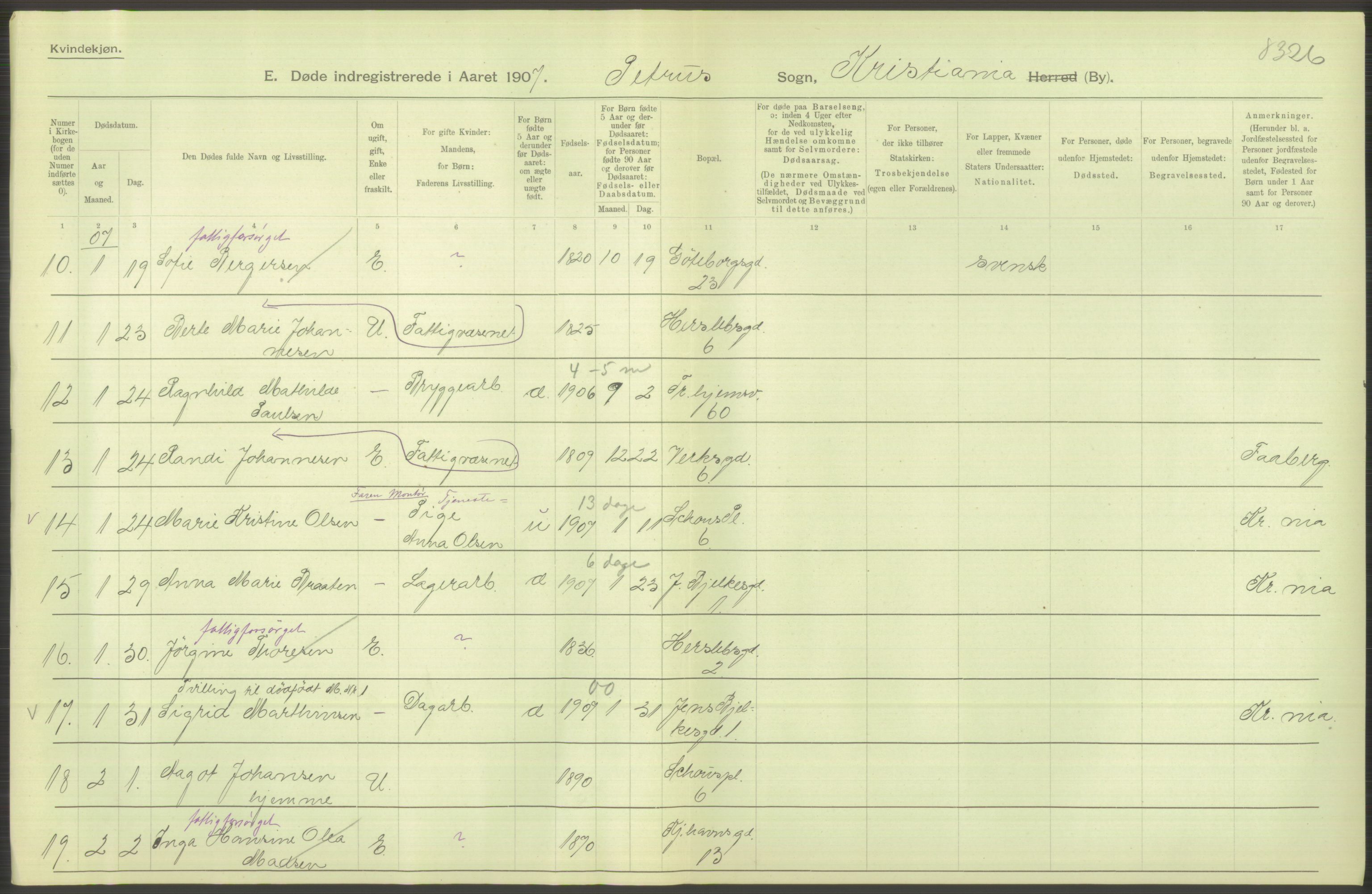 Statistisk sentralbyrå, Sosiodemografiske emner, Befolkning, AV/RA-S-2228/D/Df/Dfa/Dfae/L0009: Kristiania: Døde, 1907, p. 370