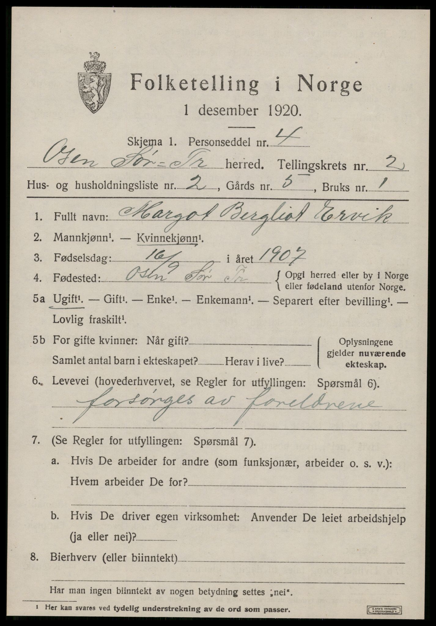 SAT, 1920 census for Osen, 1920, p. 1181
