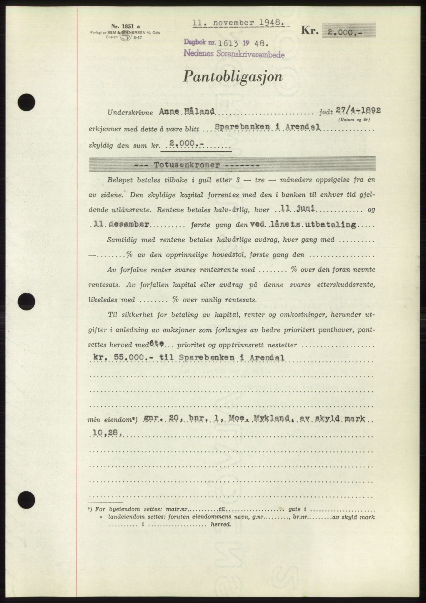 Nedenes sorenskriveri, AV/SAK-1221-0006/G/Gb/Gbb/L0005: Mortgage book no. B5, 1948-1948, Diary no: : 1613/1948