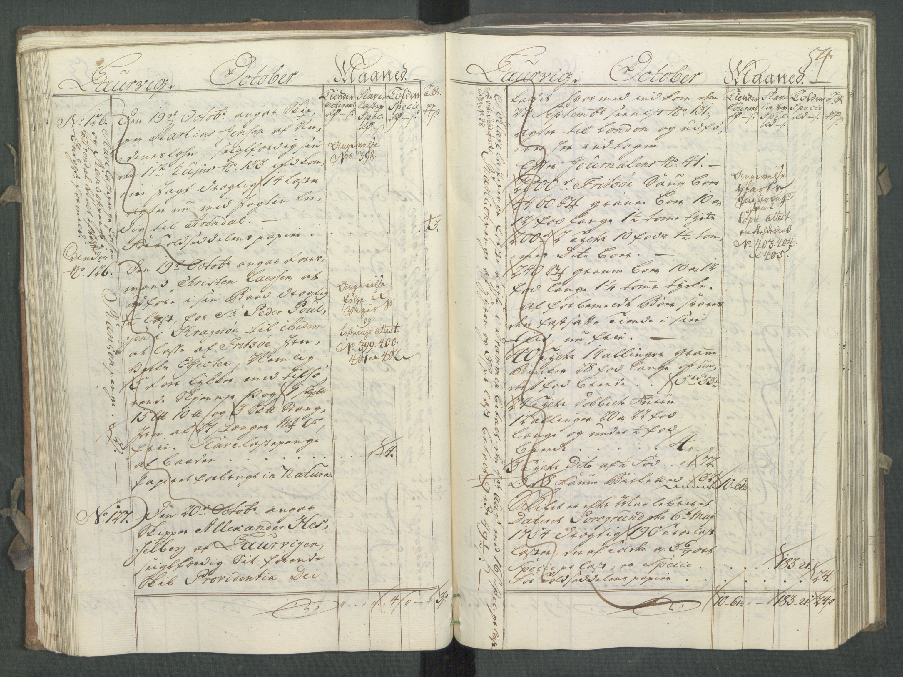 Generaltollkammeret, tollregnskaper, AV/RA-EA-5490/R11/L0027/0001: Tollregnskaper Larvik og Sandefjord / Utgående hovedtollbok, 1756, p. 53b-54a