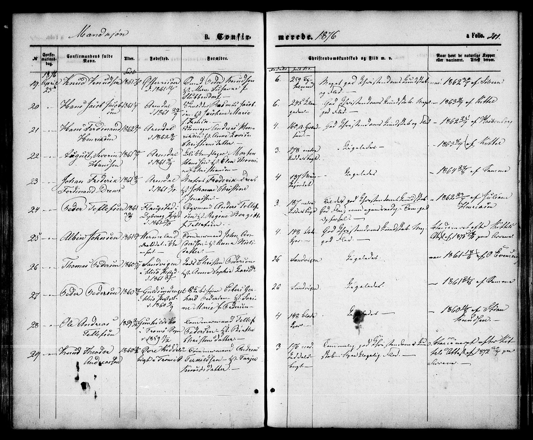 Arendal sokneprestkontor, Trefoldighet, SAK/1111-0040/F/Fa/L0007: Parish register (official) no. A 7, 1868-1878, p. 201