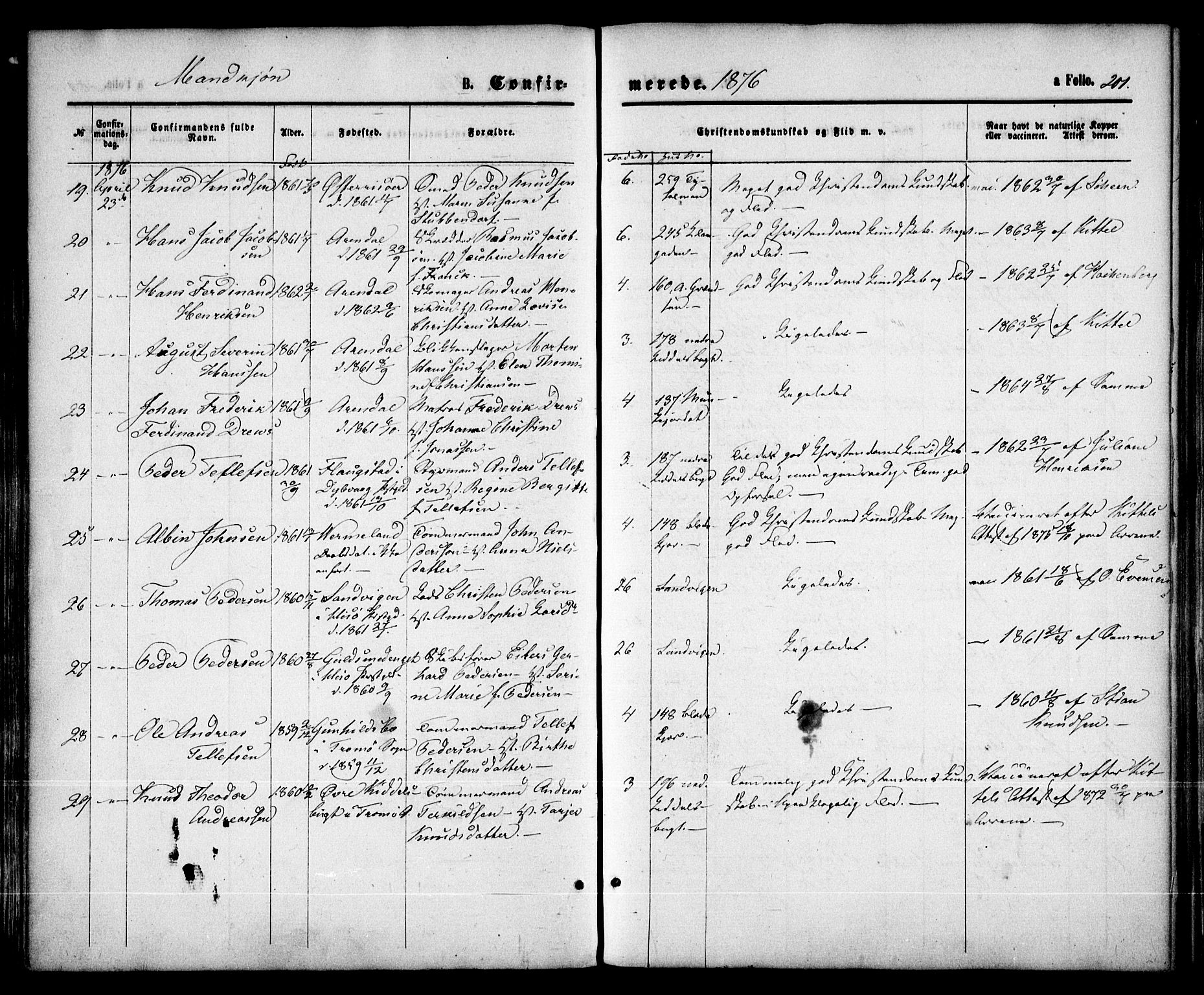 Arendal sokneprestkontor, Trefoldighet, AV/SAK-1111-0040/F/Fa/L0007: Parish register (official) no. A 7, 1868-1878, p. 201