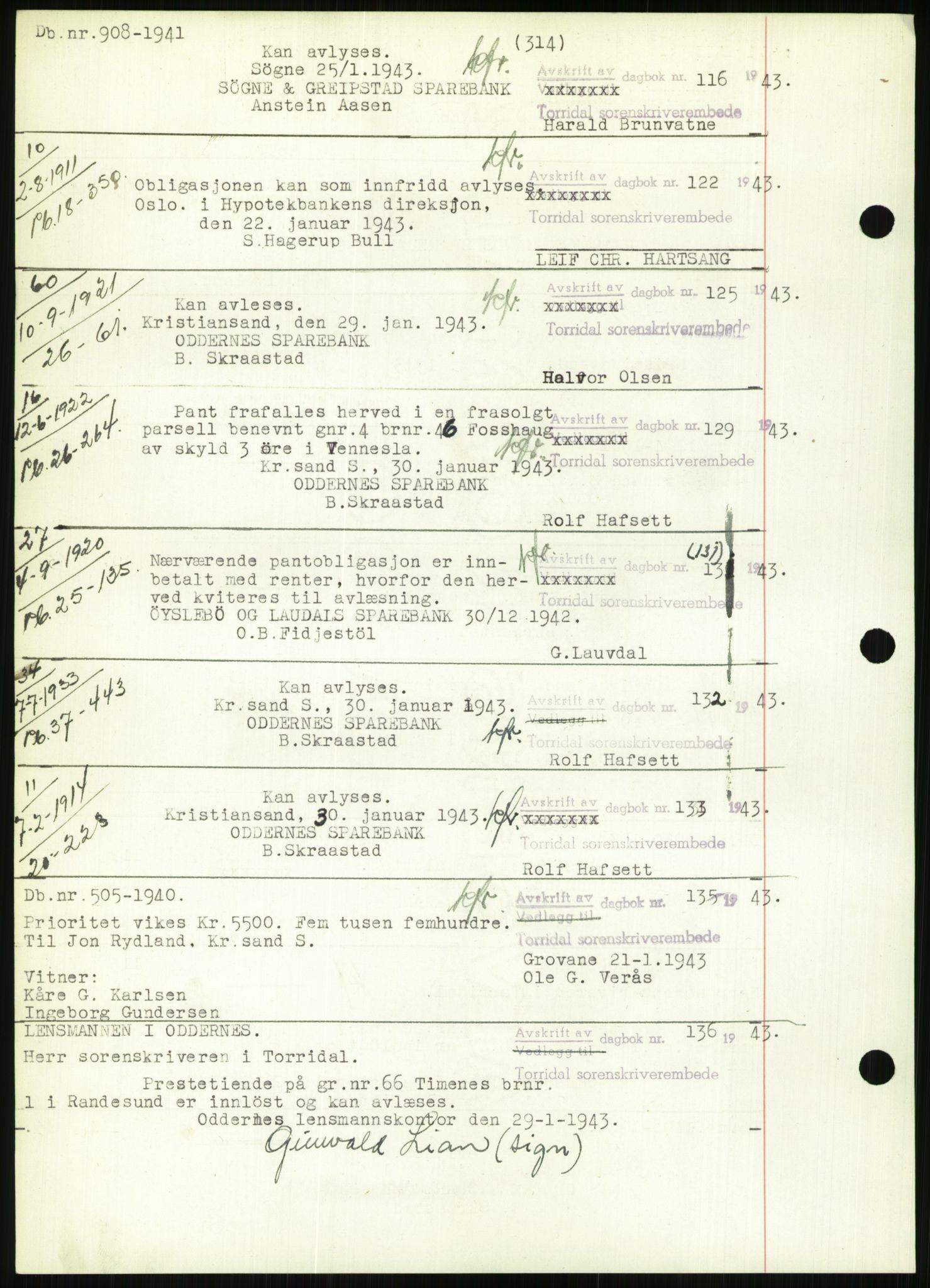 Torridal sorenskriveri, SAK/1221-0012/G/Gb/Gbb/L0009: Mortgage book no. 53b, 1942-1943, Diary no: : 100/1943