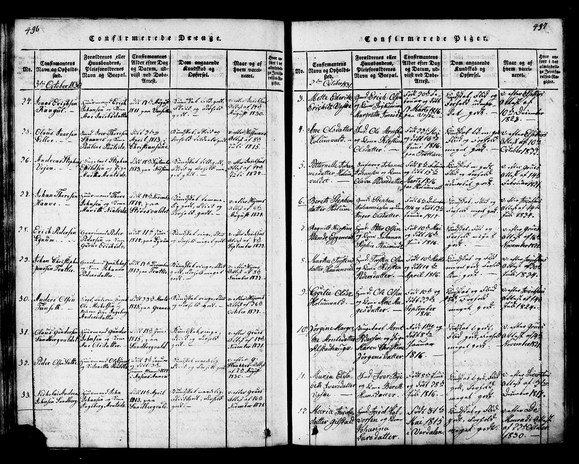 Ministerialprotokoller, klokkerbøker og fødselsregistre - Nord-Trøndelag, AV/SAT-A-1458/717/L0169: Parish register (copy) no. 717C01, 1816-1834, p. 496-497