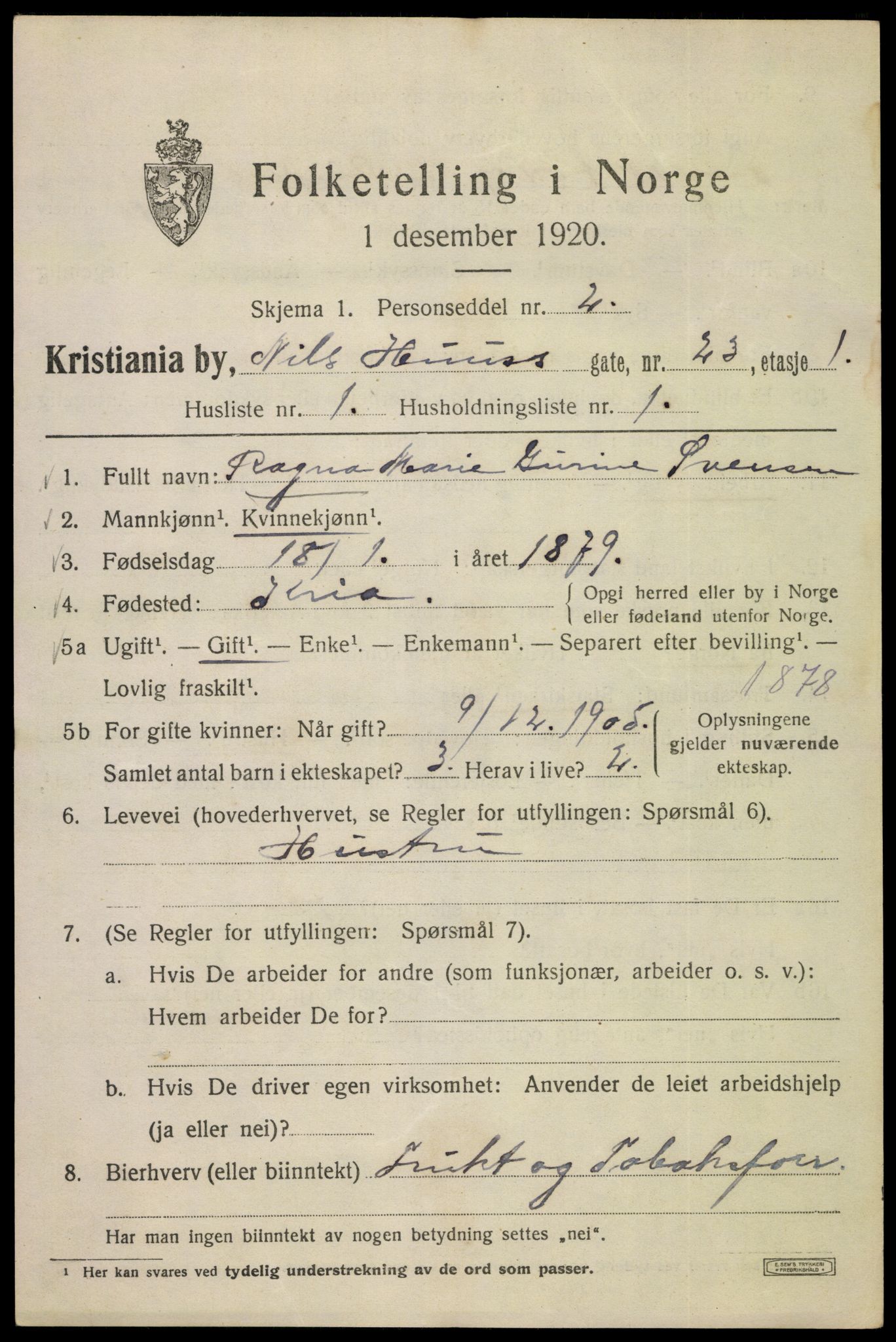 SAO, 1920 census for Kristiania, 1920, p. 414009