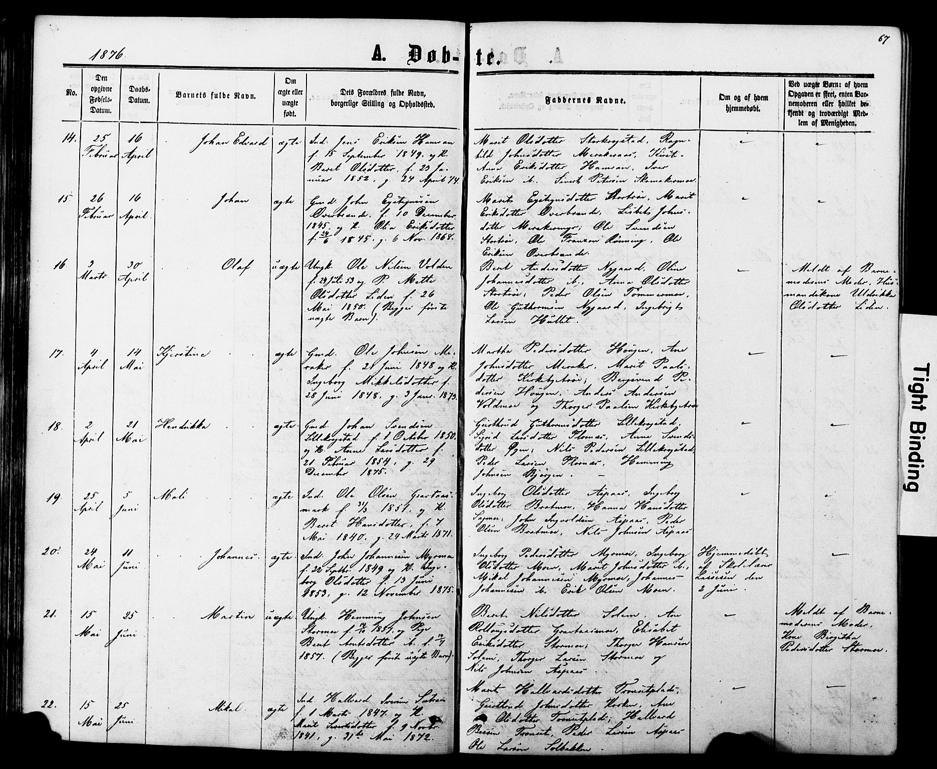 Ministerialprotokoller, klokkerbøker og fødselsregistre - Nord-Trøndelag, AV/SAT-A-1458/706/L0049: Parish register (copy) no. 706C01, 1864-1895, p. 67