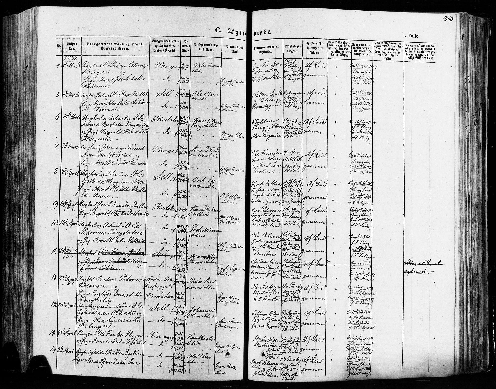 Vågå prestekontor, SAH/PREST-076/H/Ha/Haa/L0007: Parish register (official) no. 7 /1, 1872-1886, p. 350