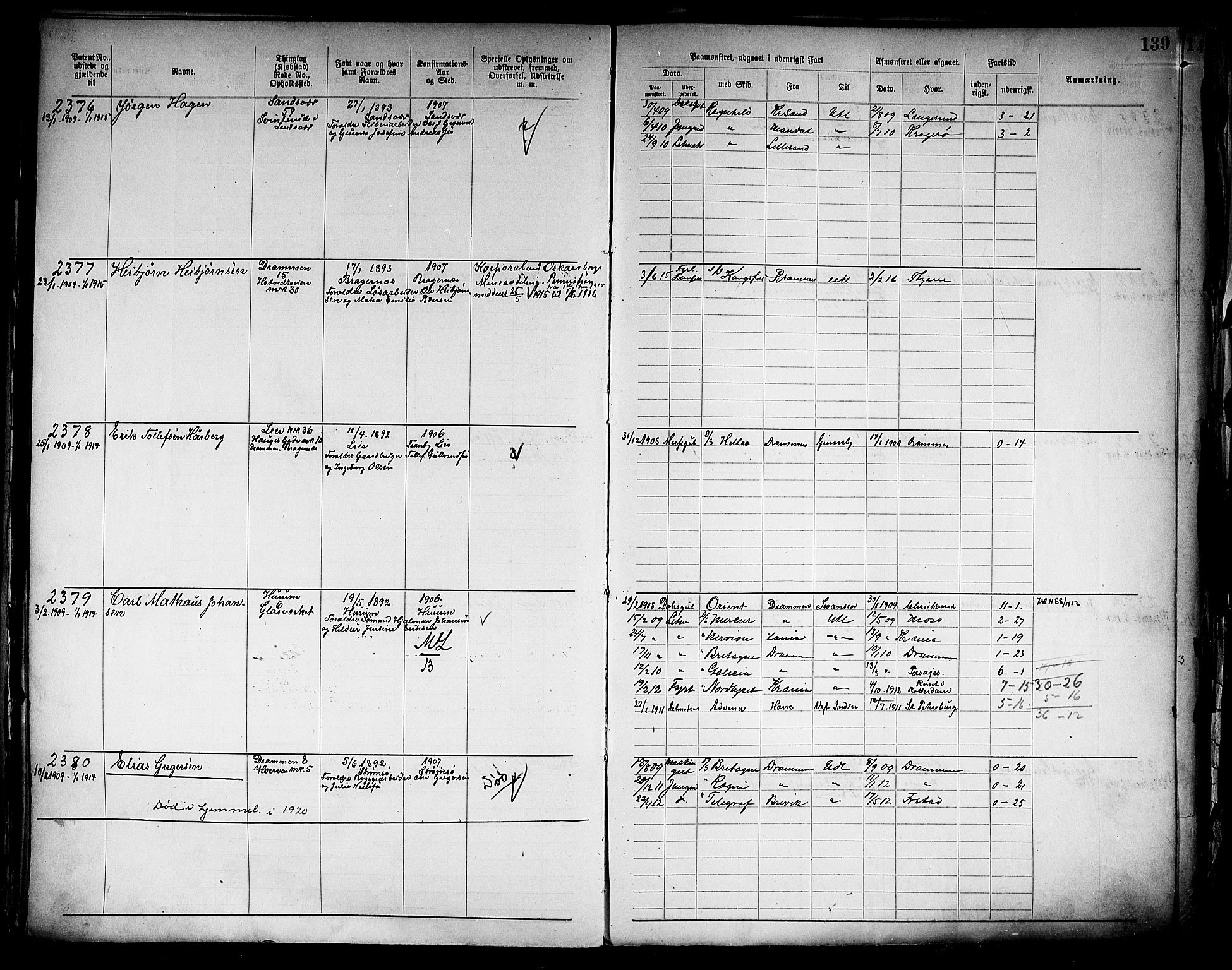 Drammen innrulleringsdistrikt, AV/SAKO-A-781/F/Fb/L0006: Annotasjonsrulle, 1905-1911, p. 141