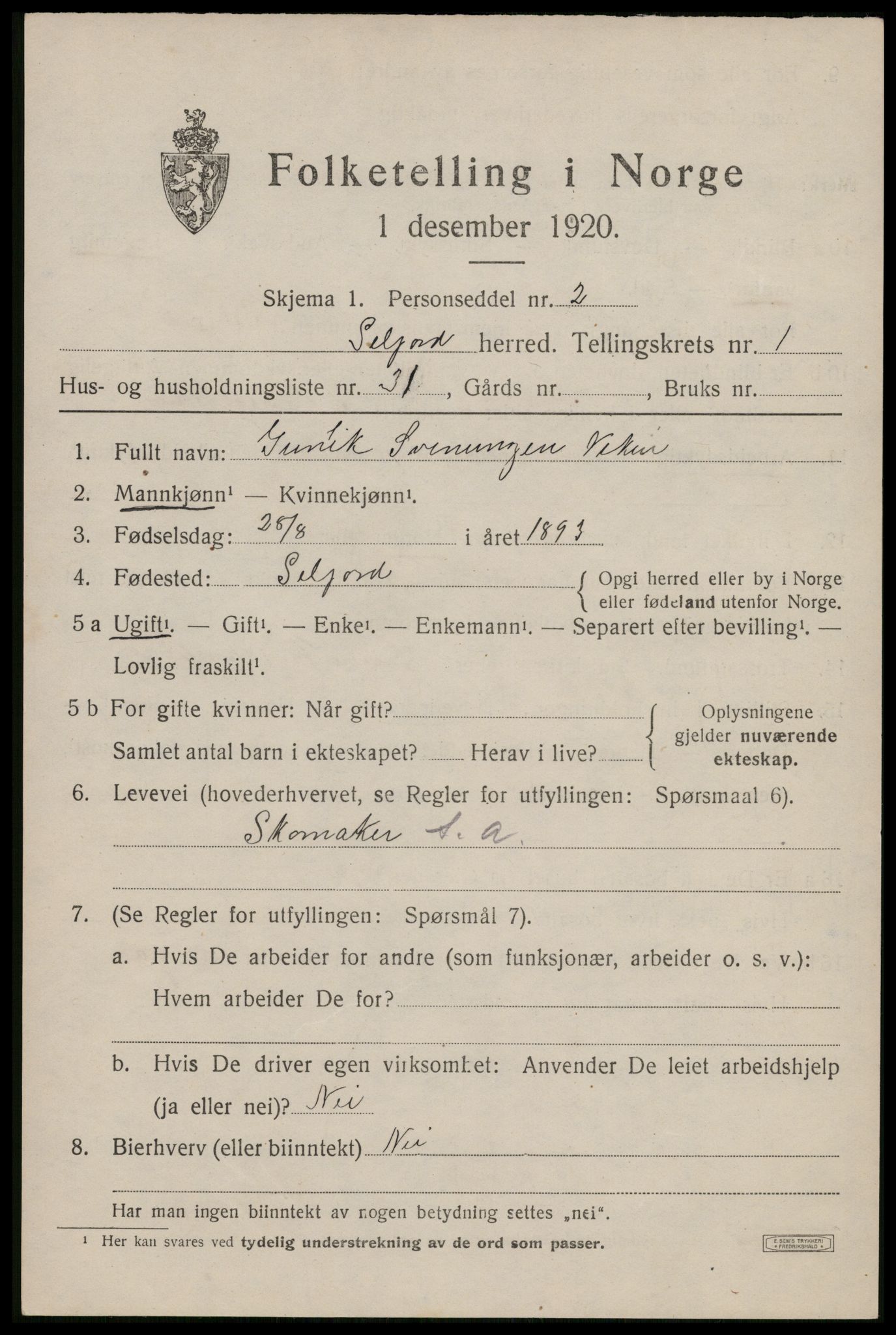 SAKO, 1920 census for Seljord, 1920, p. 1514