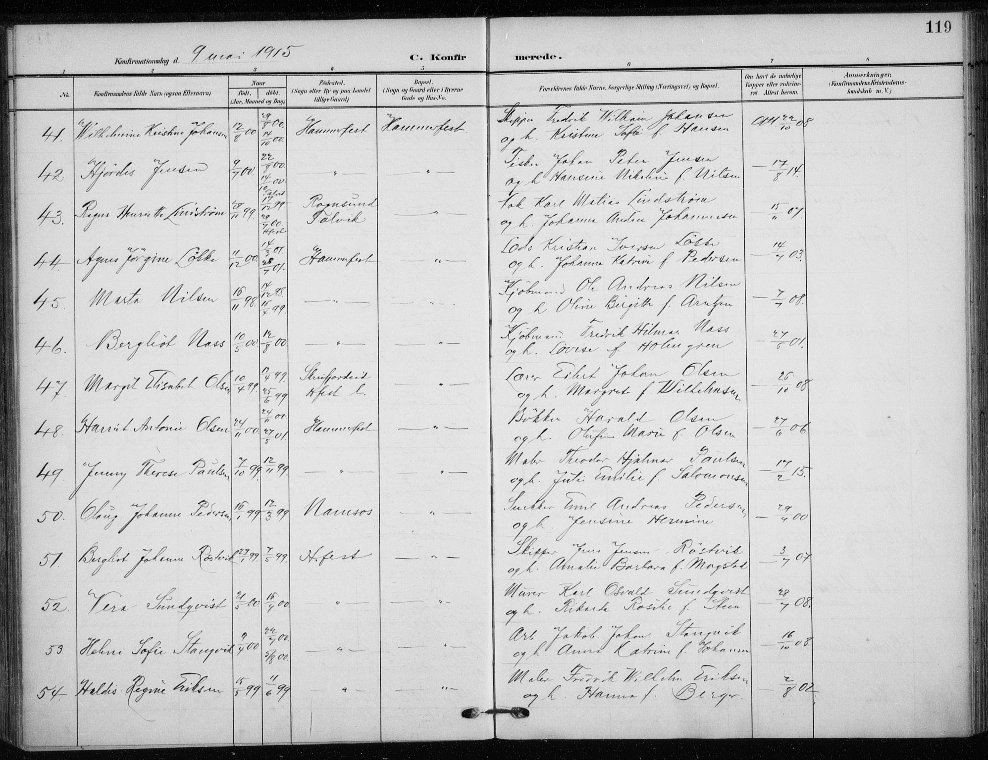 Hammerfest sokneprestkontor, AV/SATØ-S-1347/H/Ha/L0014.kirke: Parish register (official) no. 14, 1906-1916, p. 119