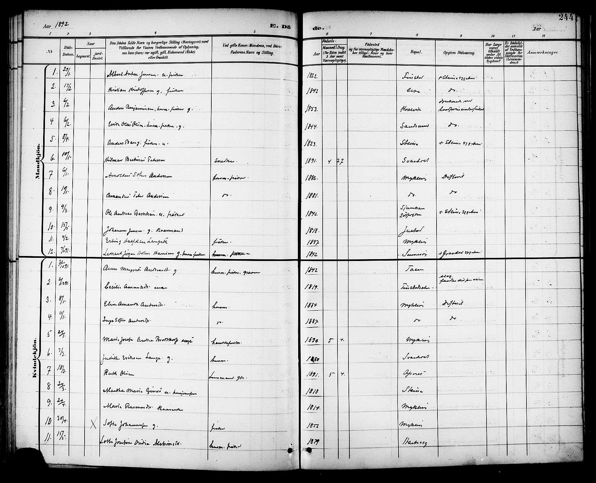 Ministerialprotokoller, klokkerbøker og fødselsregistre - Nordland, AV/SAT-A-1459/882/L1179: Parish register (official) no. 882A01, 1886-1898, p. 244