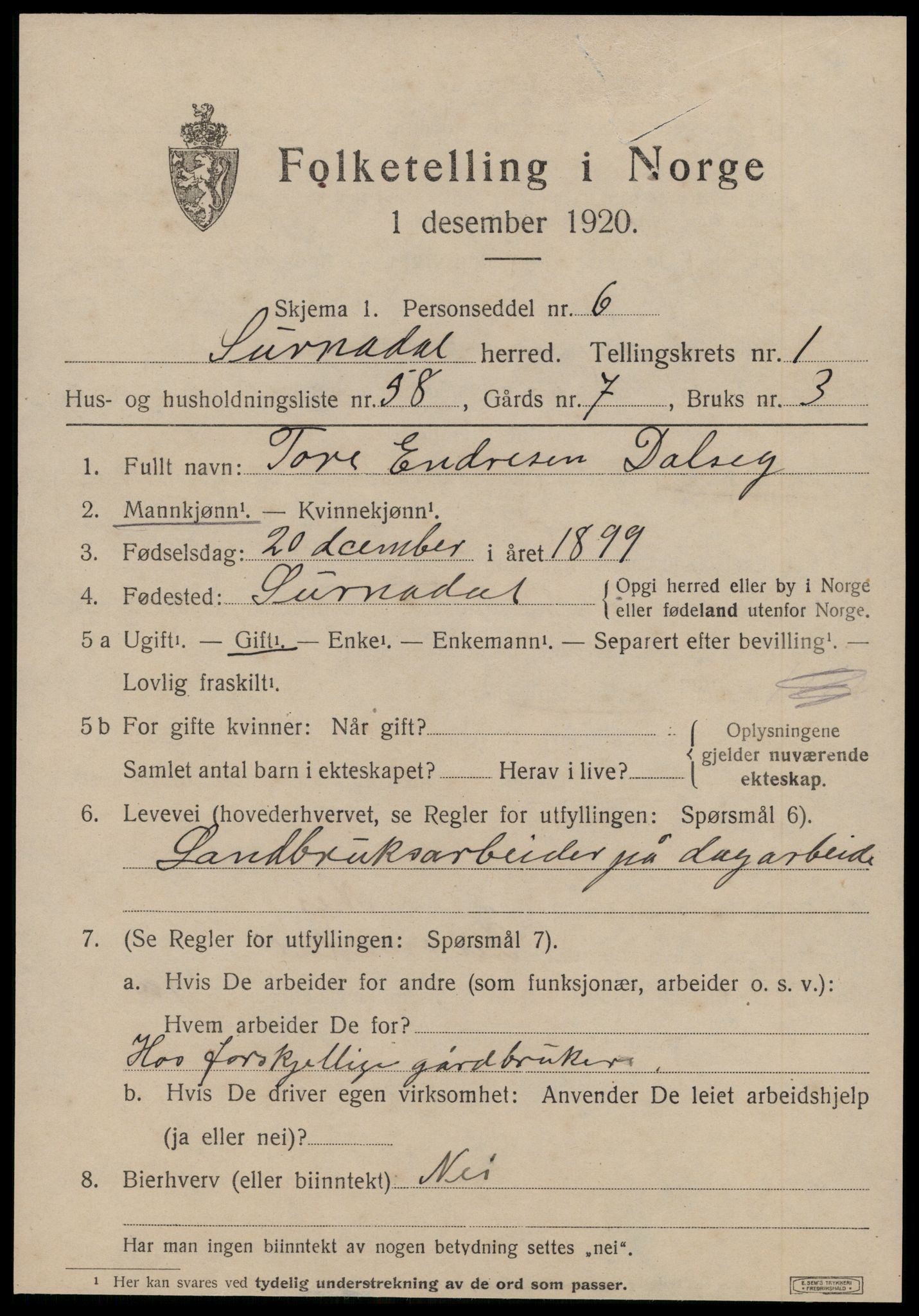 SAT, 1920 census for Surnadal, 1920, p. 1741