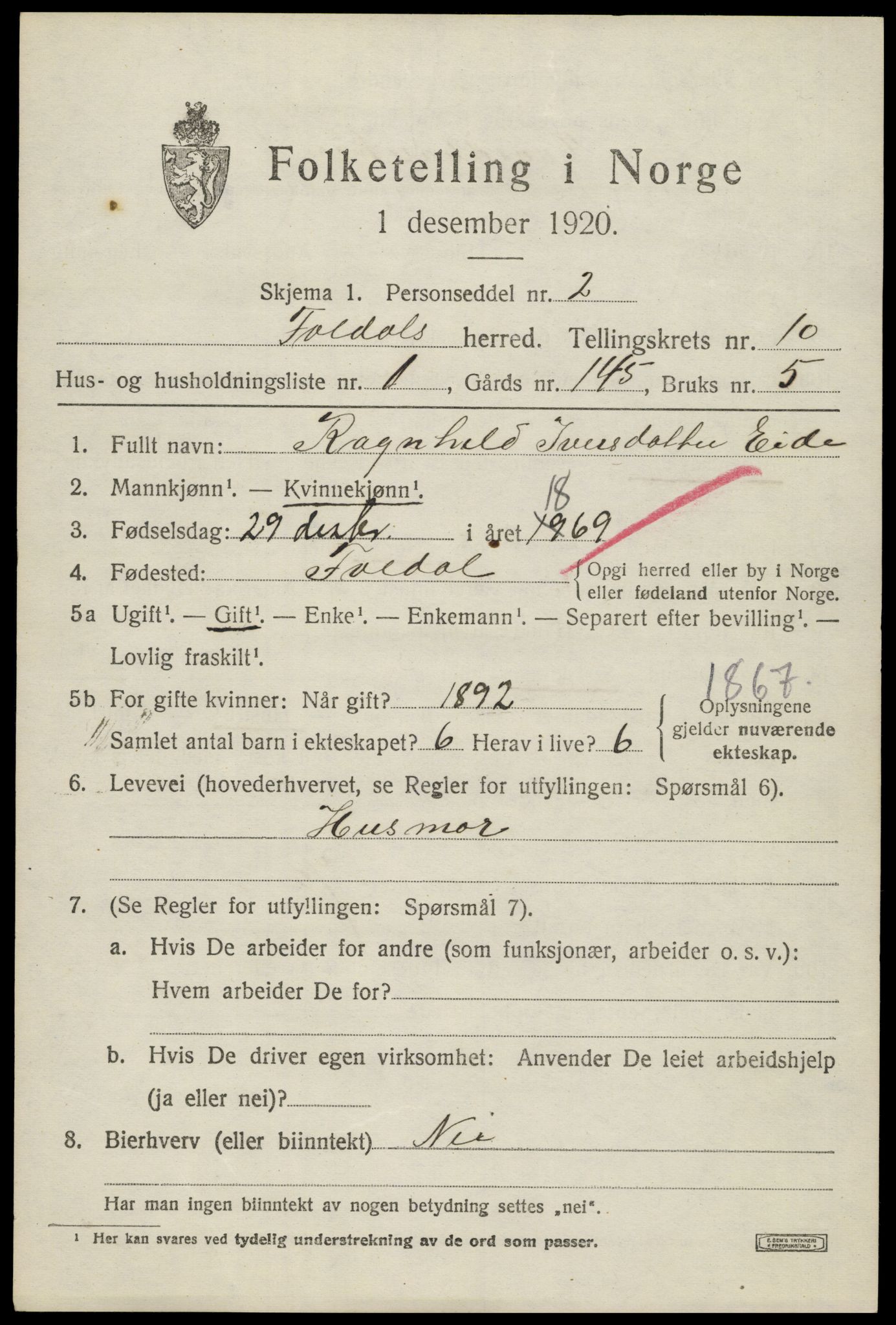 SAH, 1920 census for Folldal, 1920, p. 4955