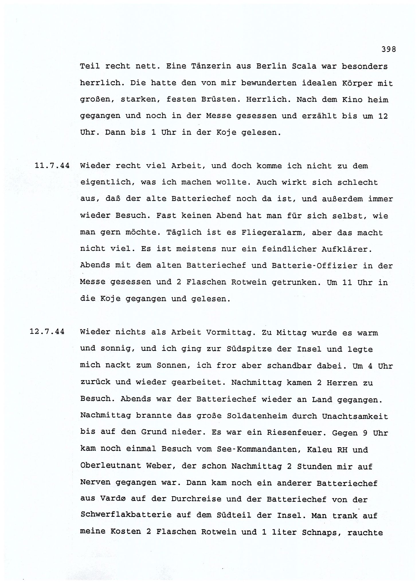 Dagbokopptegnelser av en tysk marineoffiser stasjonert i Norge , FMFB/A-1160/F/L0001: Dagbokopptegnelser av en tysk marineoffiser stasjonert i Norge, 1941-1944, p. 398