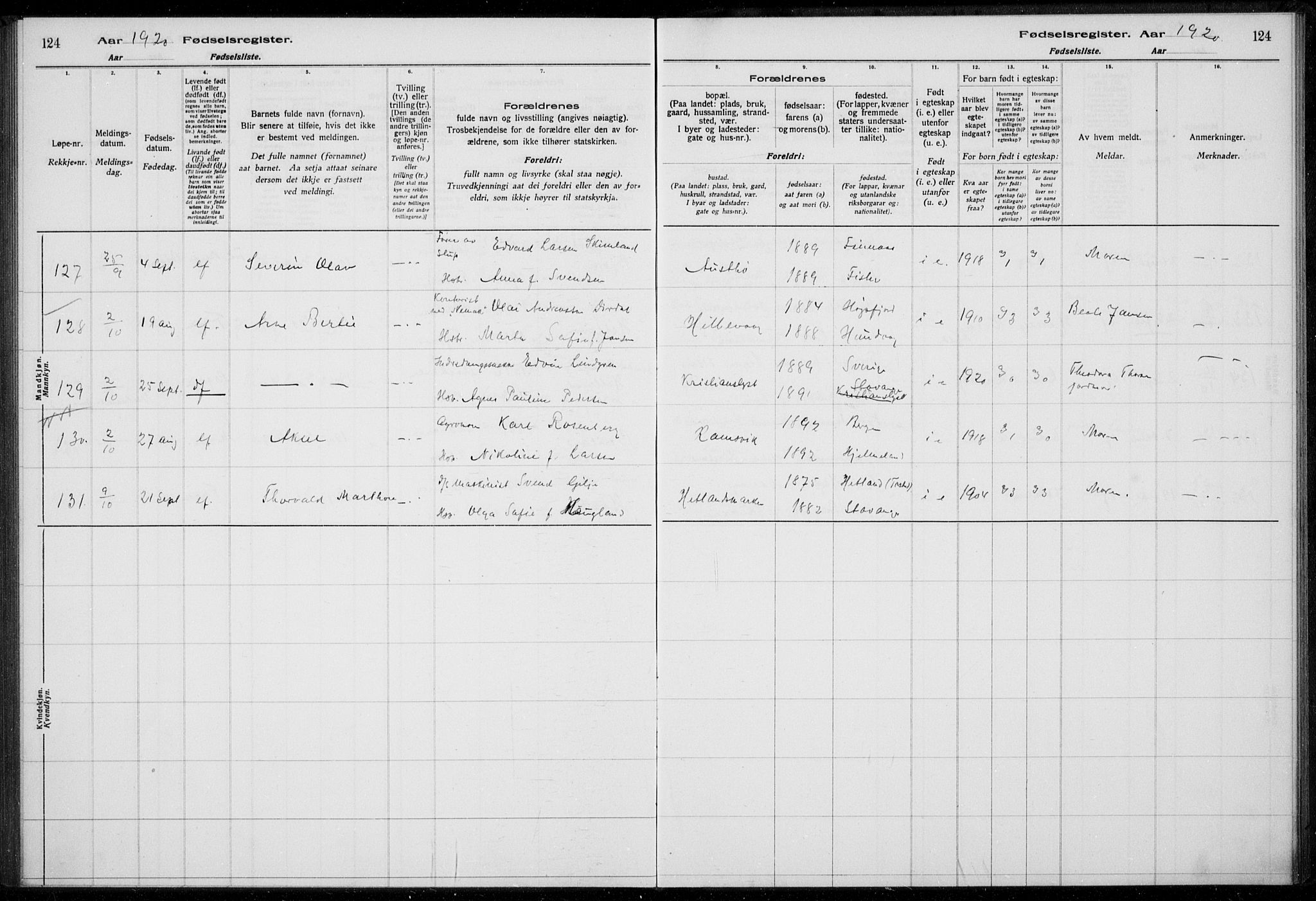 Hetland sokneprestkontor, AV/SAST-A-101826/70/704BA/L0003: Birth register no. 1, 1916-1923, p. 124