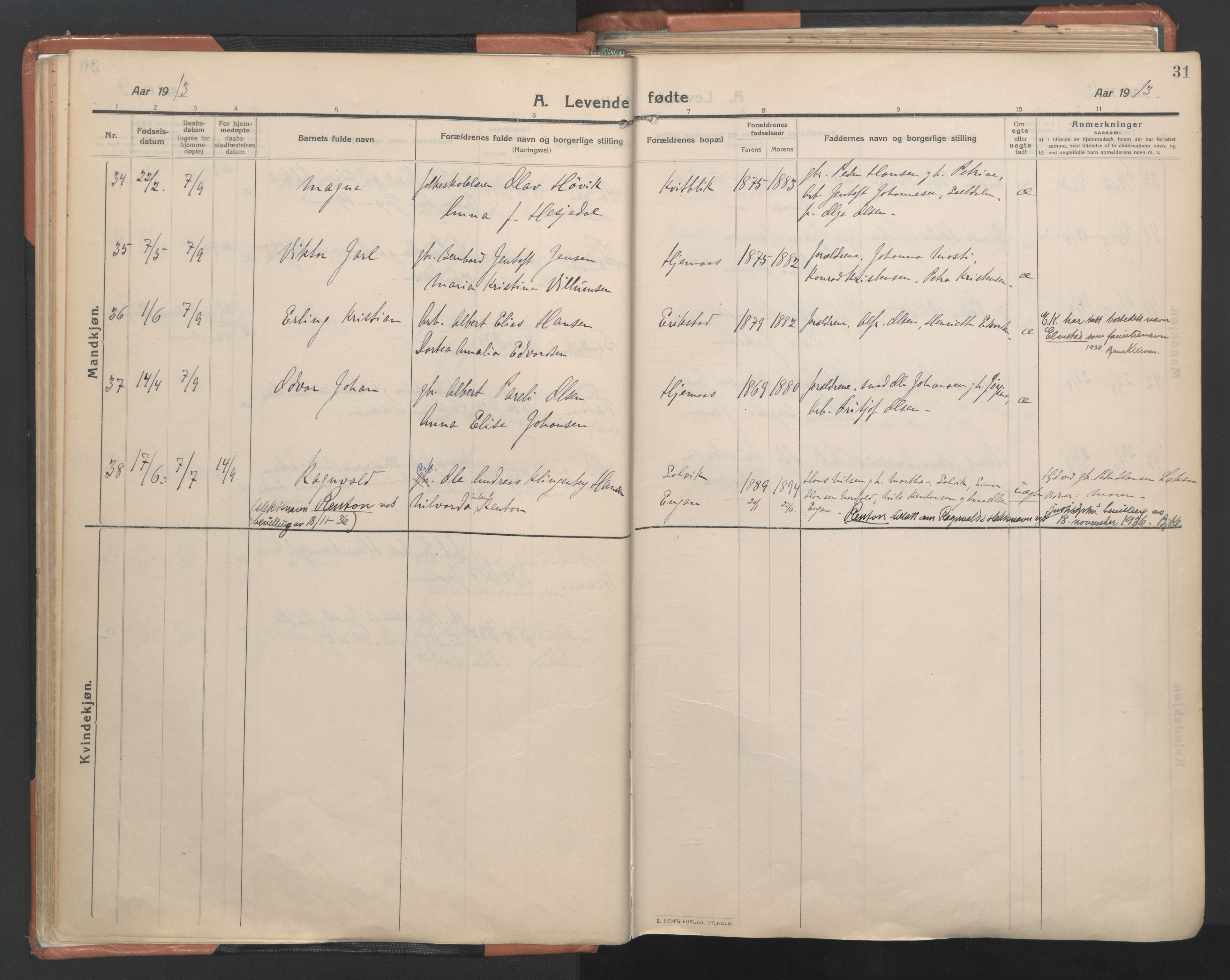 Ministerialprotokoller, klokkerbøker og fødselsregistre - Nordland, AV/SAT-A-1459/849/L0698: Parish register (official) no. 849A09, 1911-1924, p. 31