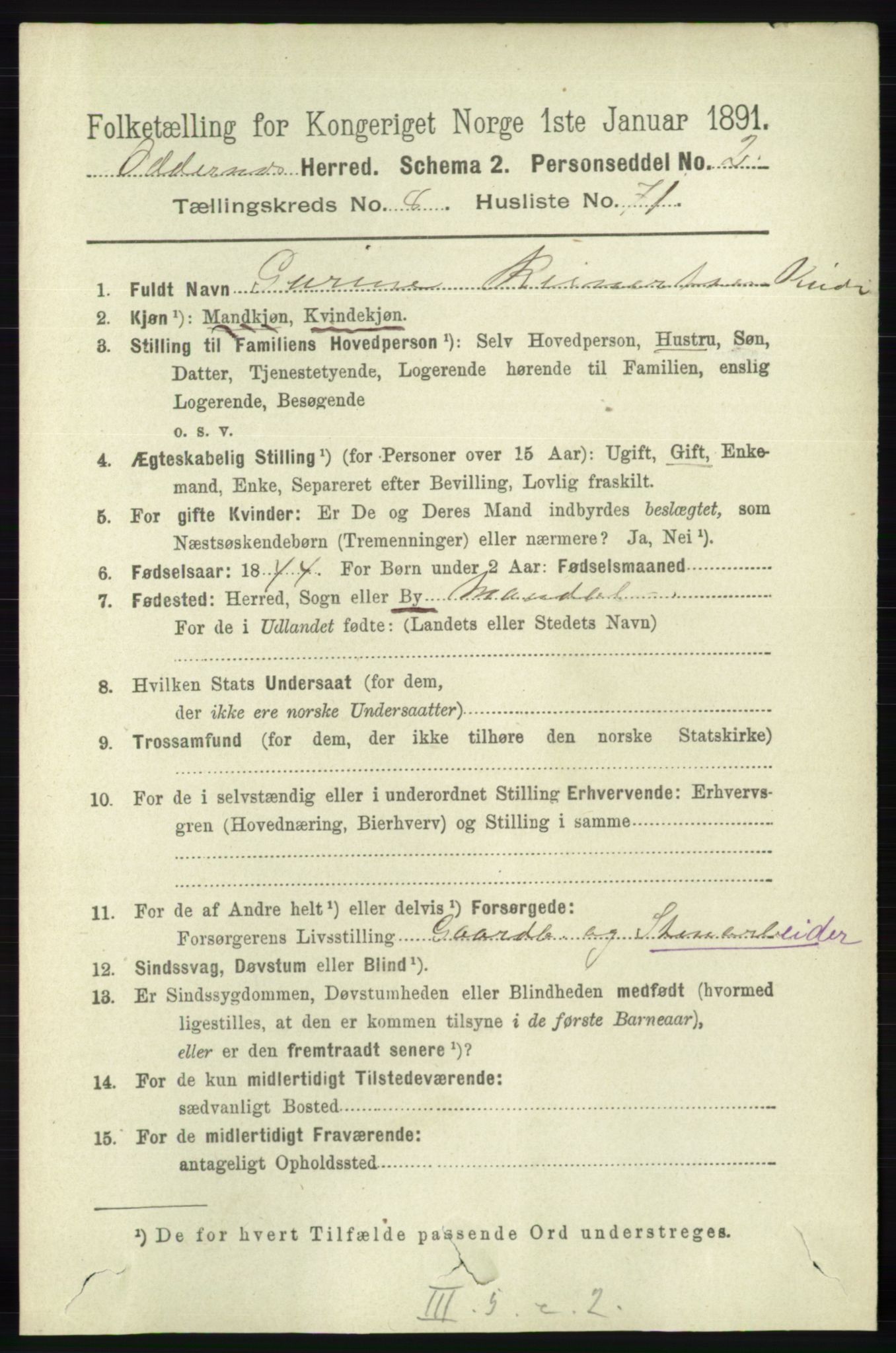 RA, 1891 census for 1012 Oddernes, 1891, p. 3171