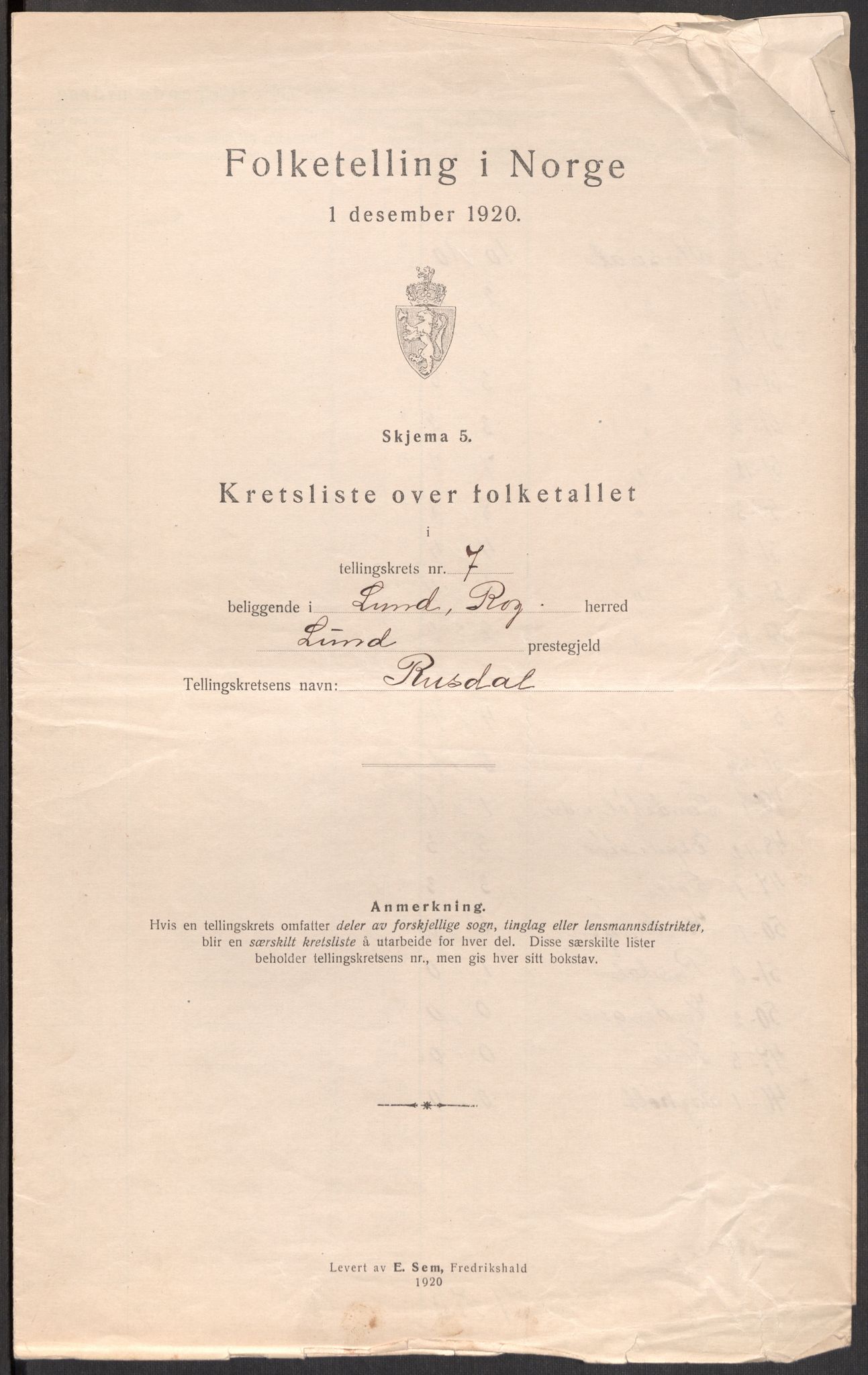 SAST, 1920 census for Lund, 1920, p. 33