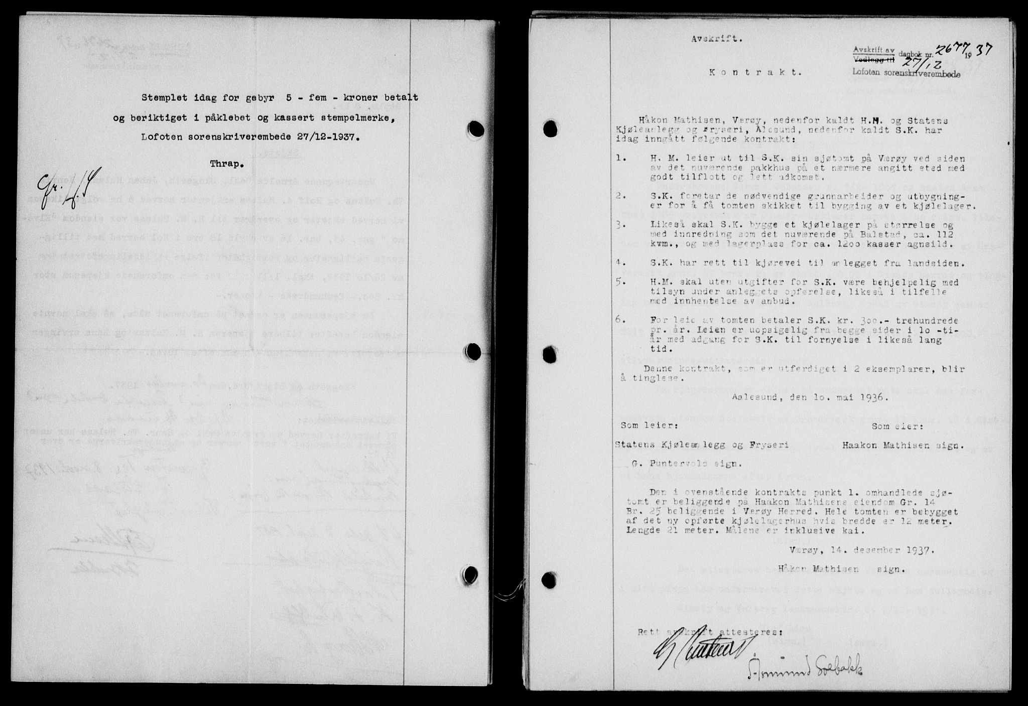 Lofoten sorenskriveri, SAT/A-0017/1/2/2C/L0003a: Mortgage book no. 3a, 1937-1938, Diary no: : 2677/1937