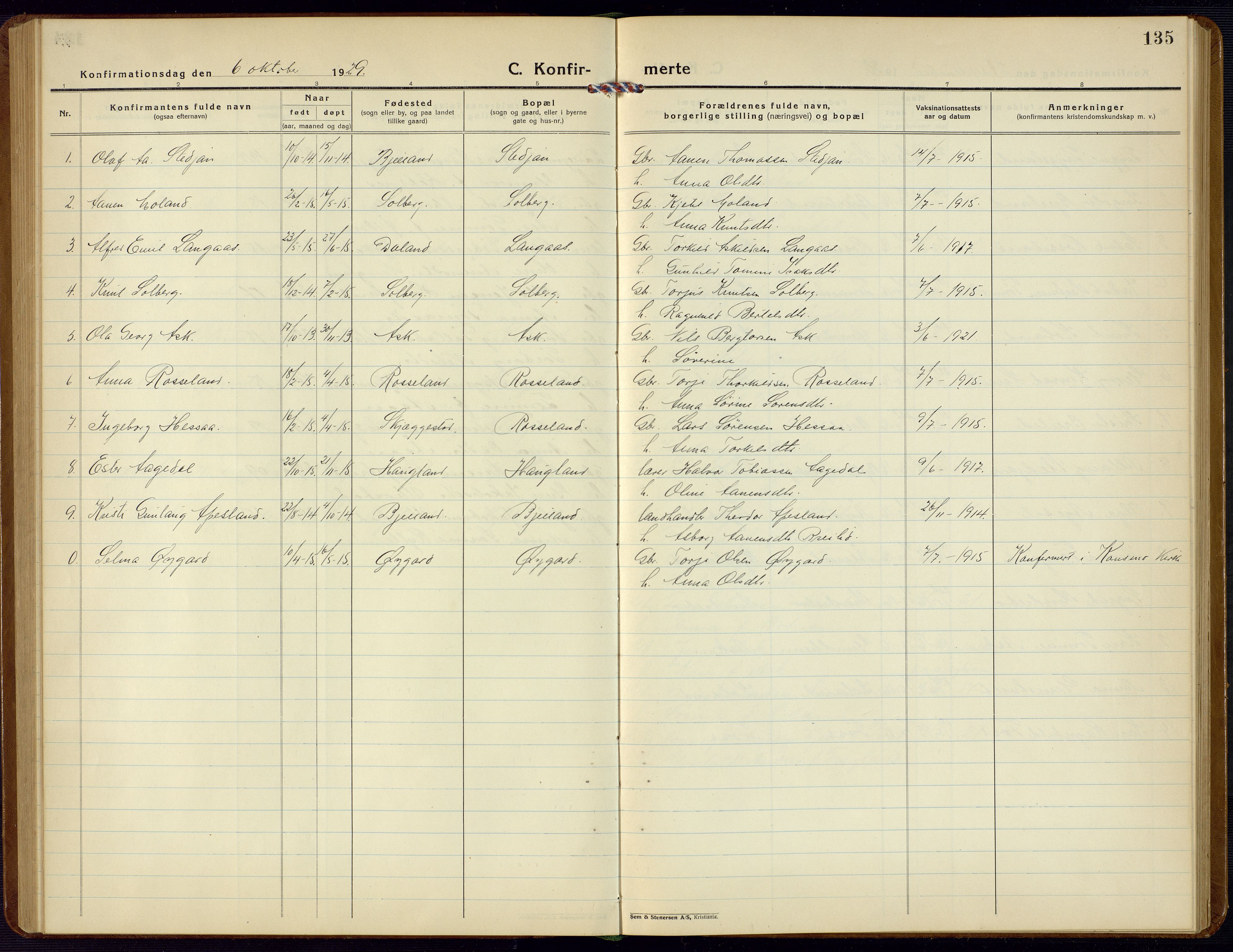 Bjelland sokneprestkontor, SAK/1111-0005/F/Fb/Fba/L0006: Parish register (copy) no. B 6, 1923-1956, p. 135