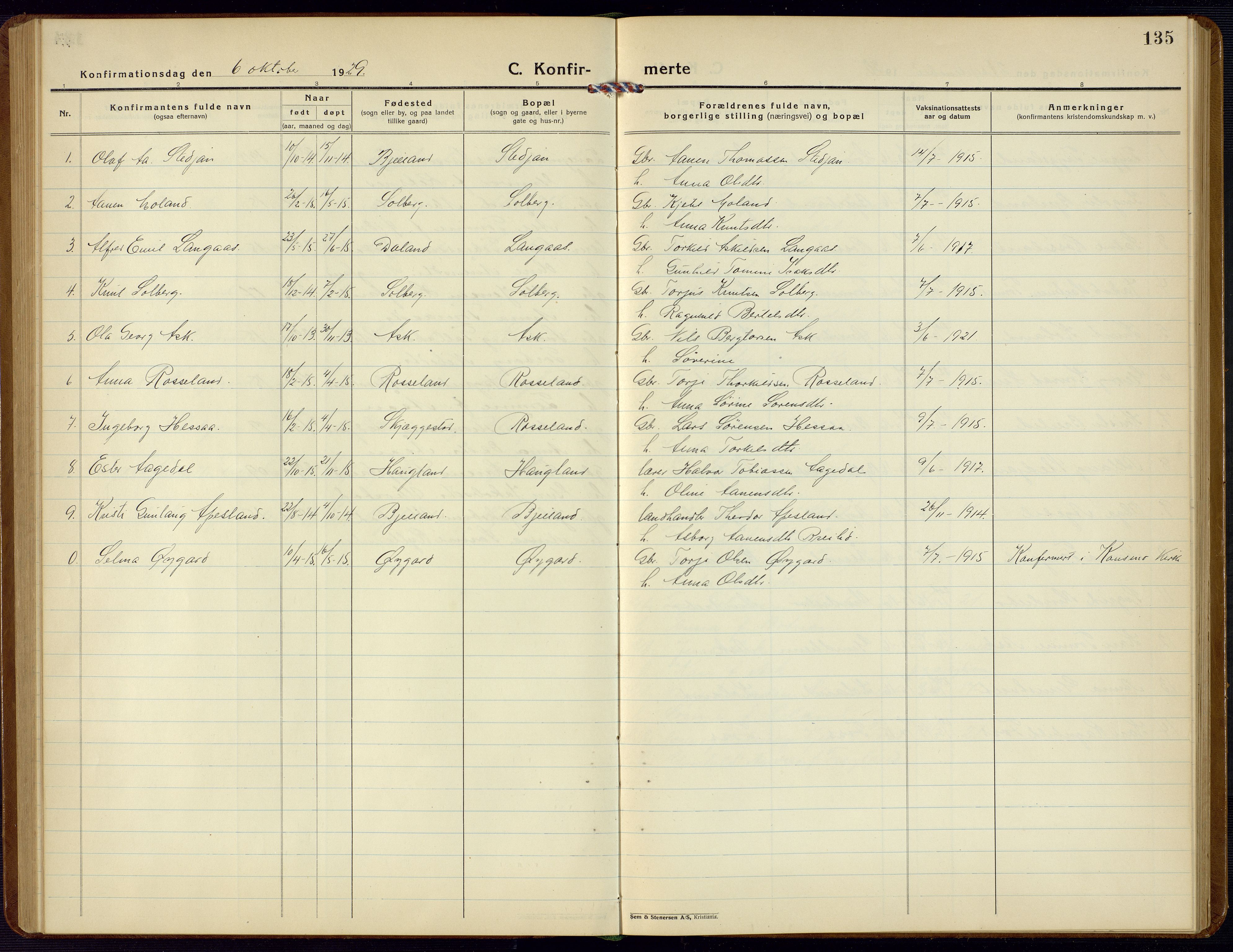 Bjelland sokneprestkontor, AV/SAK-1111-0005/F/Fb/Fba/L0006: Parish register (copy) no. B 6, 1923-1956, p. 135