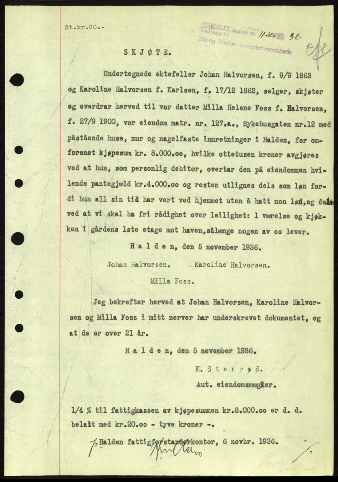 Idd og Marker sorenskriveri, AV/SAO-A-10283/G/Gb/Gbb/L0001: Mortgage book no. A1, 1936-1937, Diary no: : 1120/1936