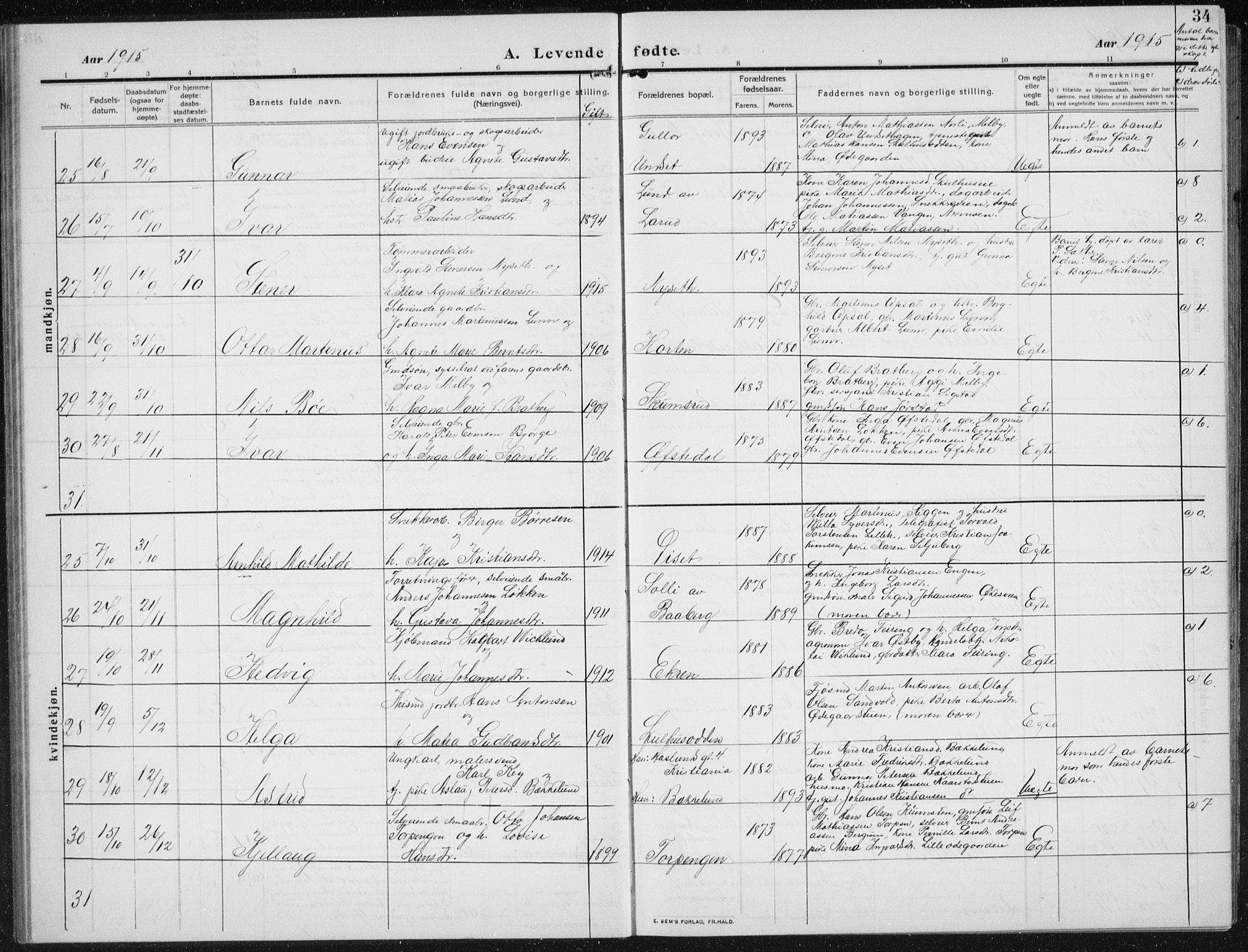 Biri prestekontor, SAH/PREST-096/H/Ha/Hab/L0006: Parish register (copy) no. 6, 1909-1938, p. 34