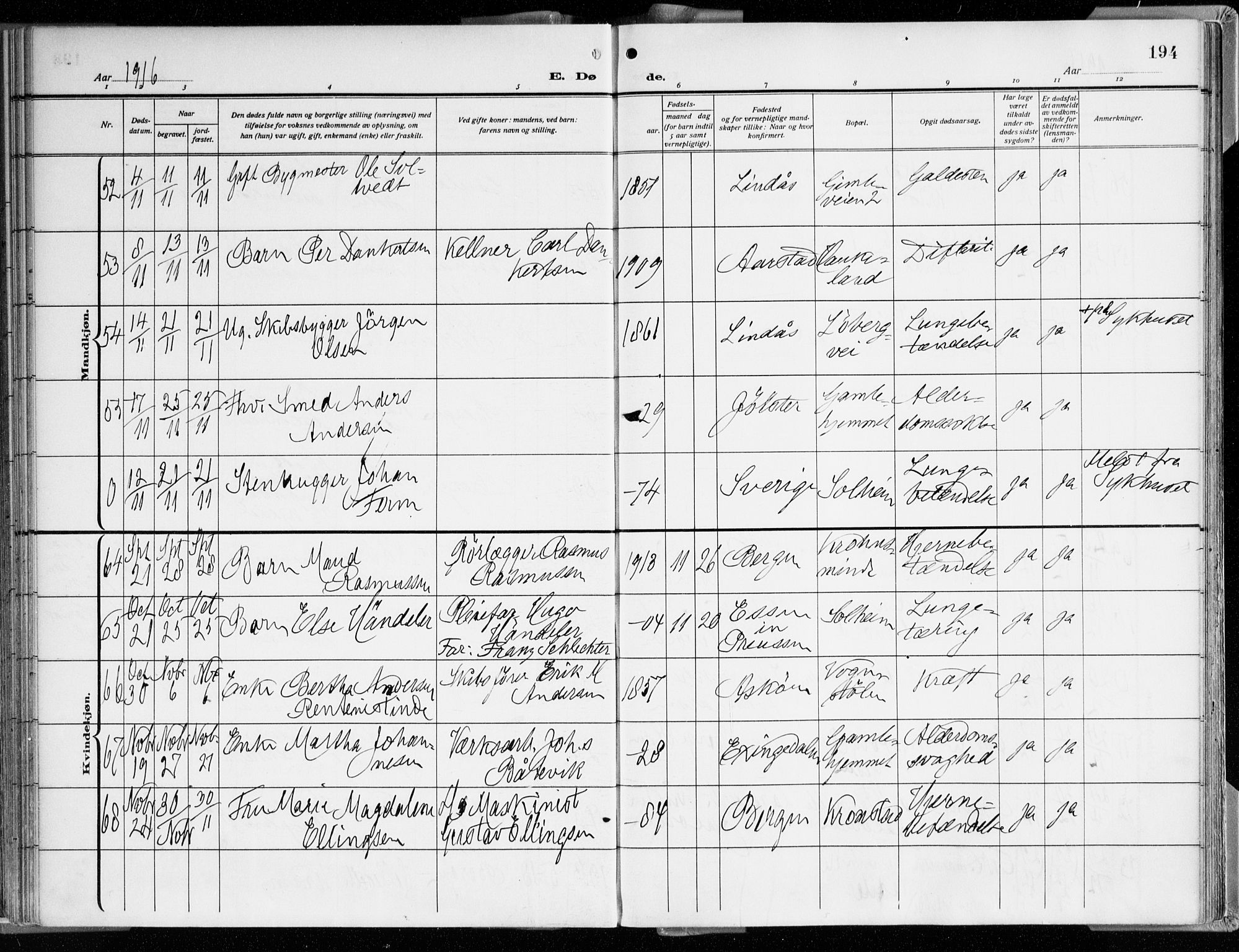 Årstad Sokneprestembete, AV/SAB-A-79301/H/Haa/L0003: Parish register (official) no. A 3, 1914-1919, p. 194