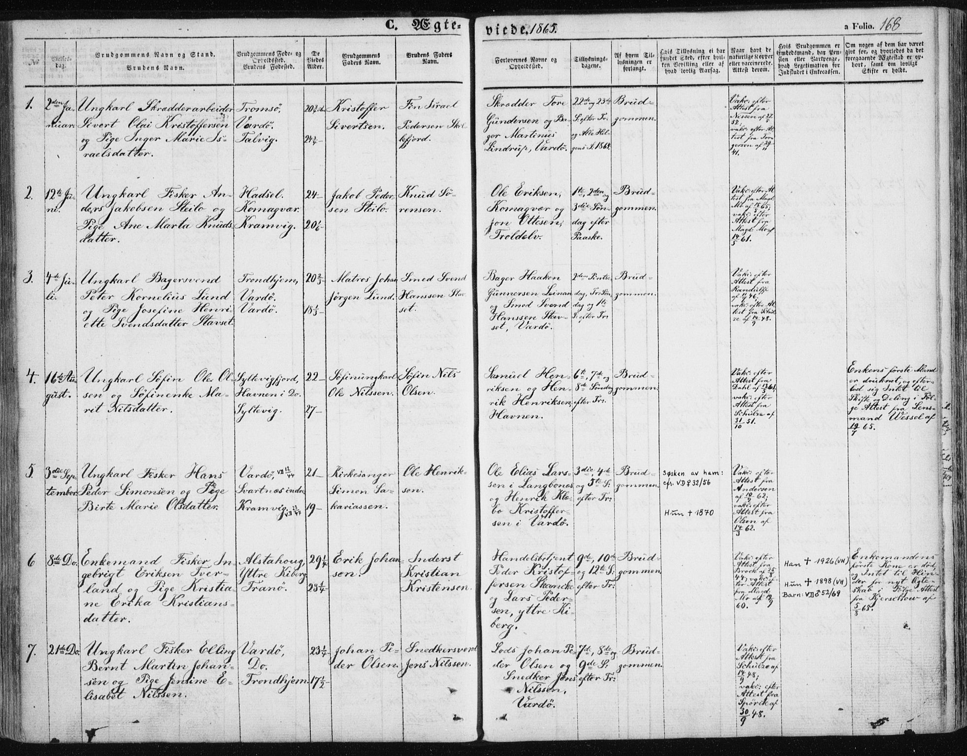 Vardø sokneprestkontor, AV/SATØ-S-1332/H/Ha/L0004kirke: Parish register (official) no. 4, 1862-1871, p. 168