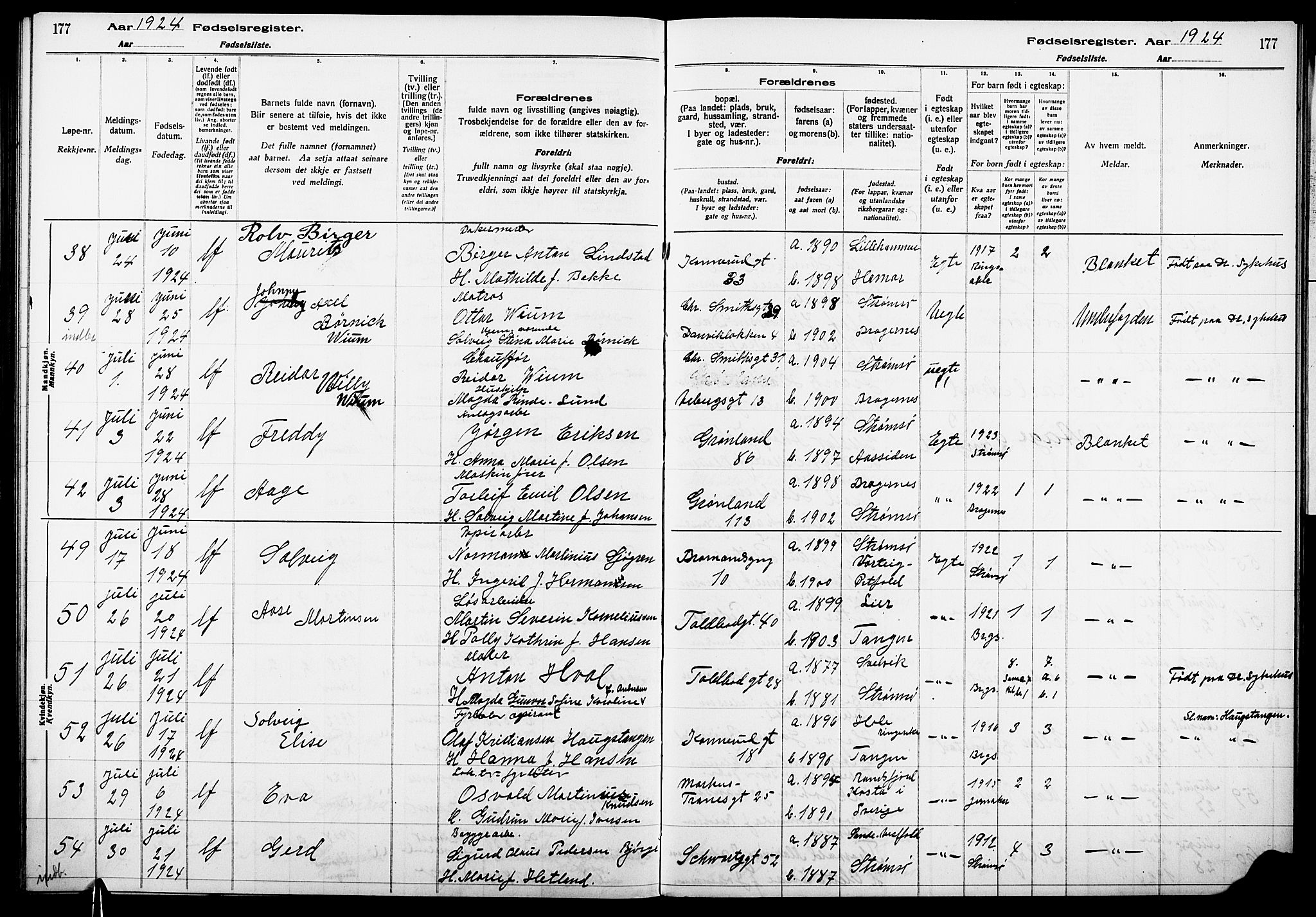 Strømsø kirkebøker, AV/SAKO-A-246/J/Ja/L0001: Birth register no. I 1, 1916-1925, p. 177