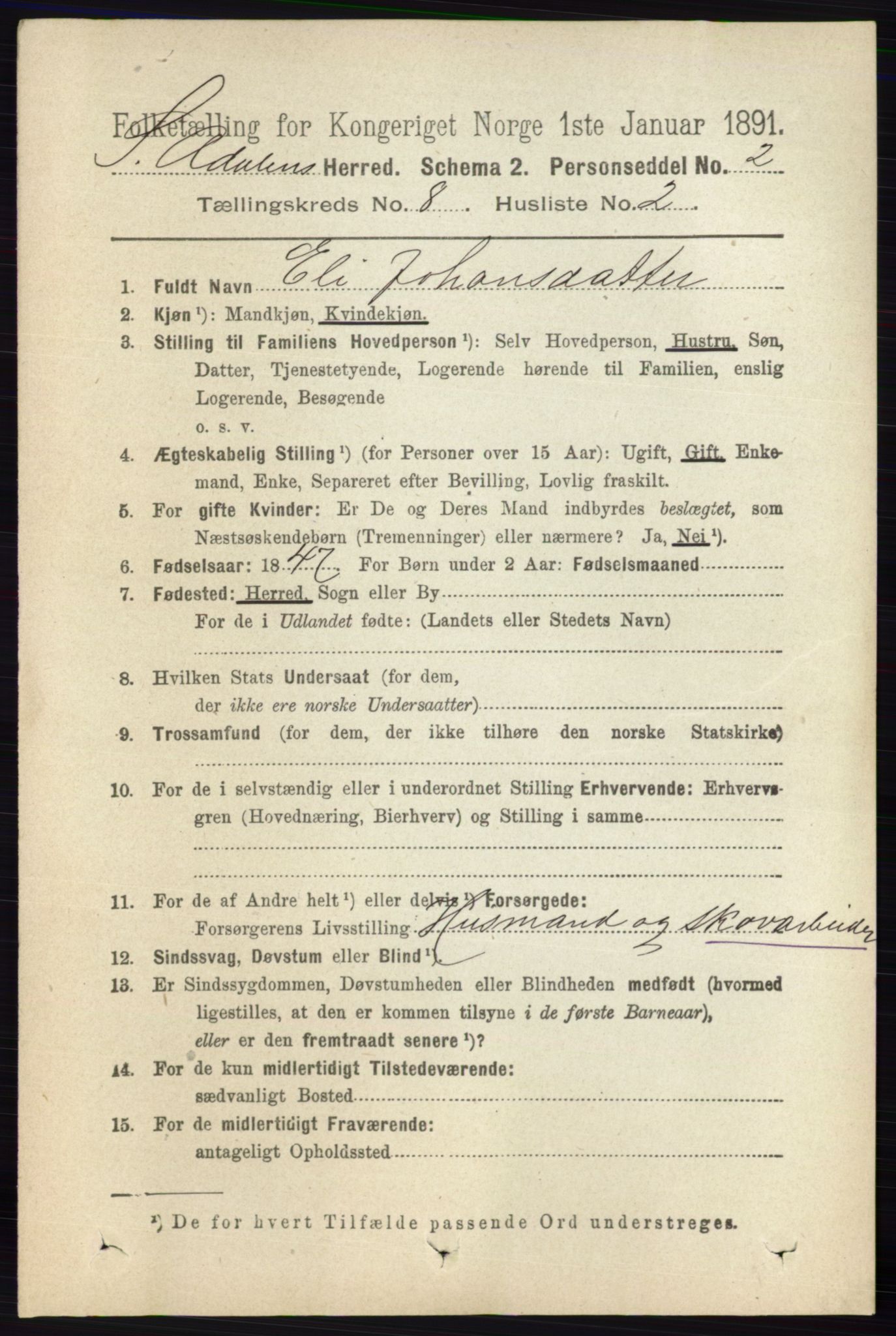 RA, 1891 census for 0419 Sør-Odal, 1891, p. 3983