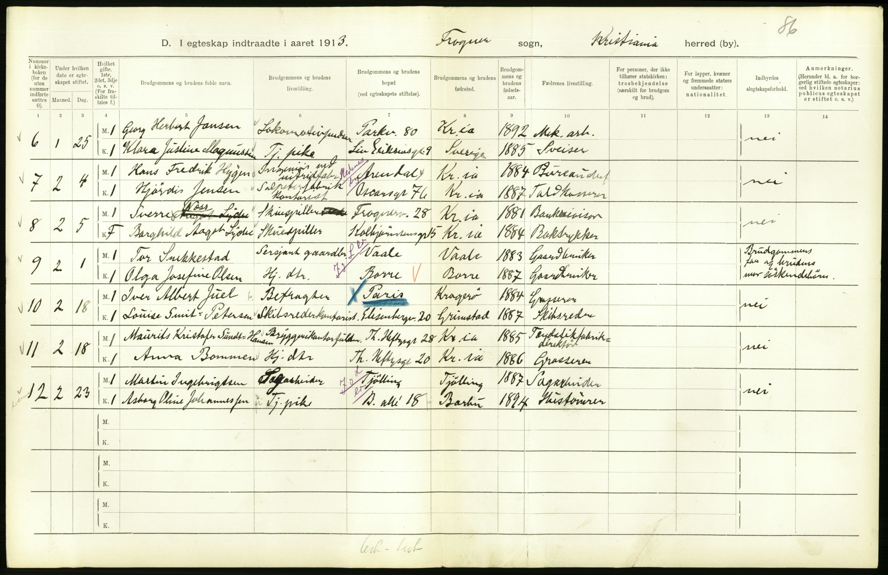 Statistisk sentralbyrå, Sosiodemografiske emner, Befolkning, RA/S-2228/D/Df/Dfb/Dfbc/L0008: Kristiania: Gifte., 1913, p. 574