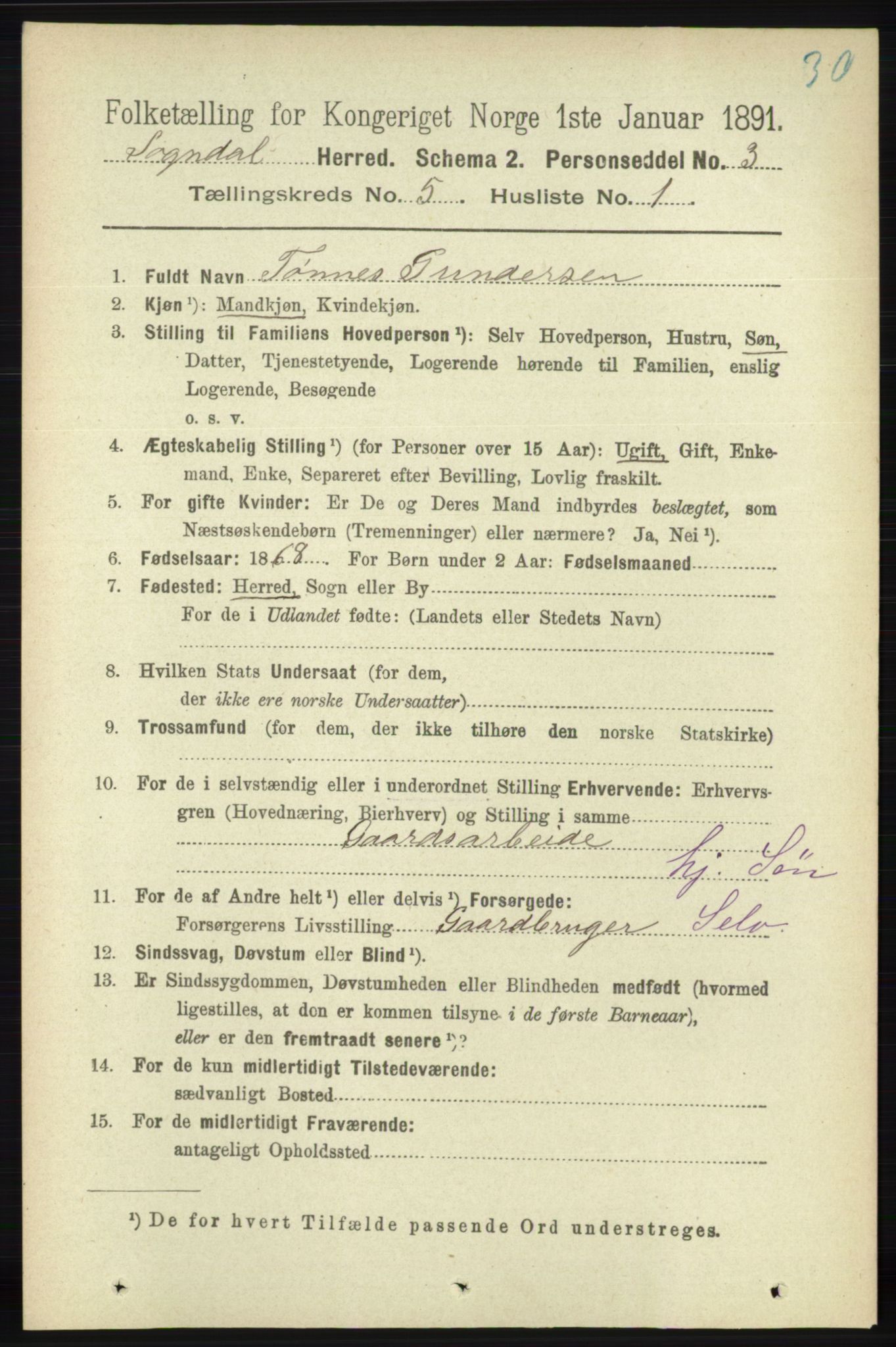 RA, 1891 census for 1111 Sokndal, 1891, p. 1323