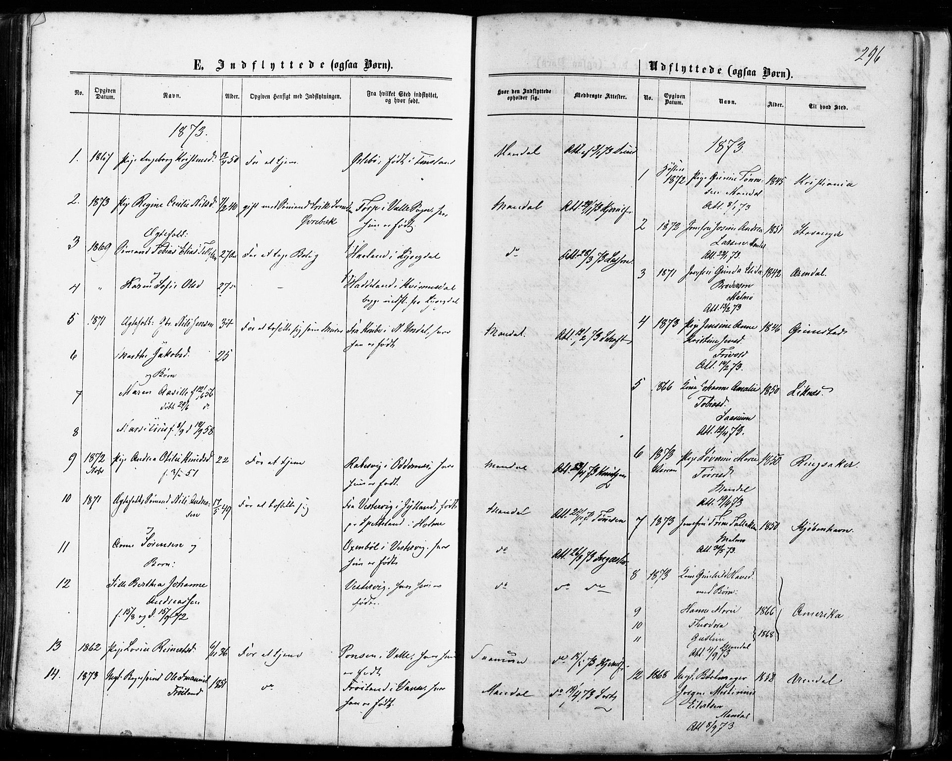 Mandal sokneprestkontor, SAK/1111-0030/F/Fa/Faa/L0015: Parish register (official) no. A 15, 1873-1879, p. 296