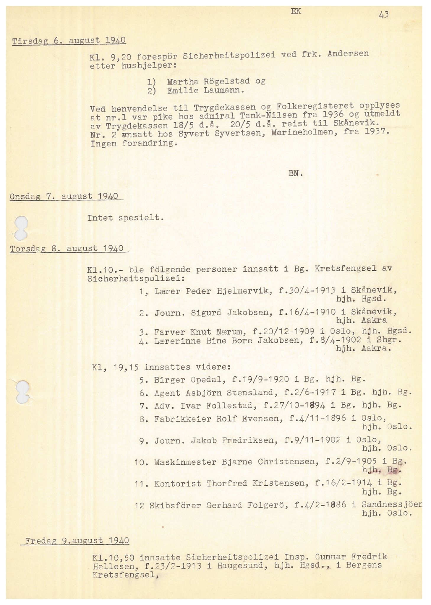 Bergen politikammer / politidistrikt, SAB/A-60401/Y/Ye/L0001: Avskrift av krigsdagbok av Dankert Thuland, 1940-1941, p. 43