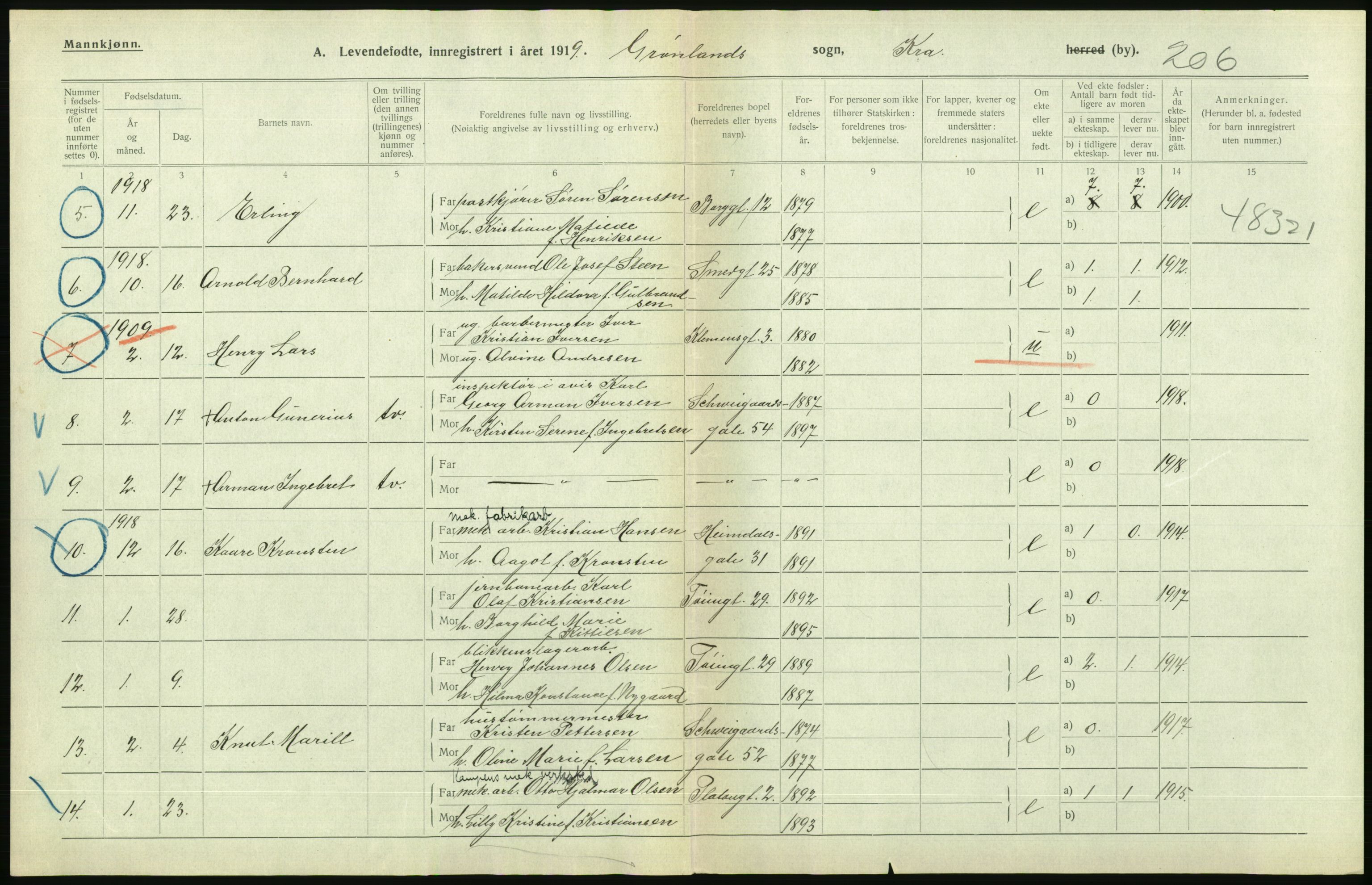 Statistisk sentralbyrå, Sosiodemografiske emner, Befolkning, AV/RA-S-2228/D/Df/Dfb/Dfbi/L0008: Kristiania: Levendefødte menn og kvinner., 1919